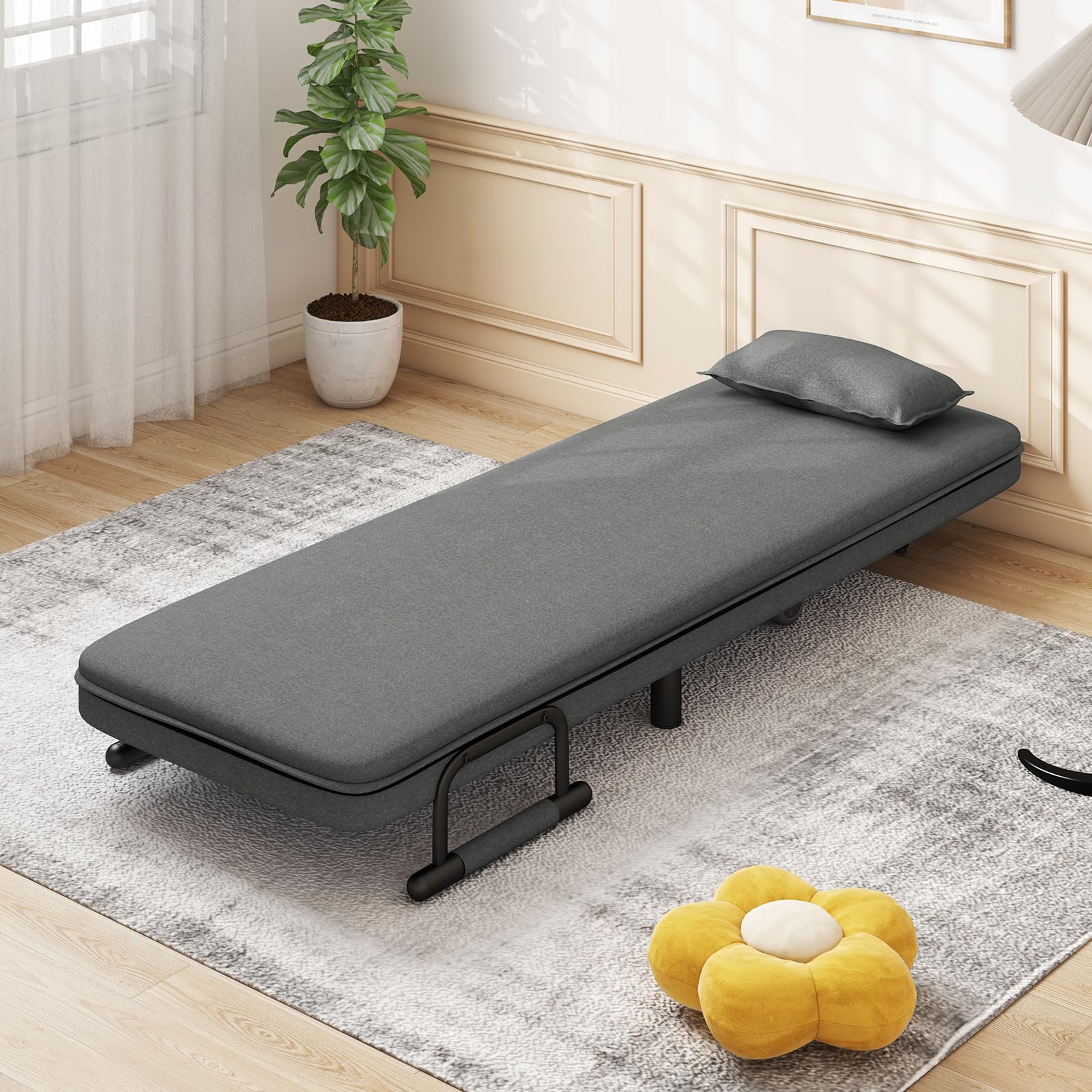 Convertible Chair Bed with 5-Position Adjustable Backrest & Lumbar Pillow, 2 Hidden Metal Legs & 2 Lockable Casters