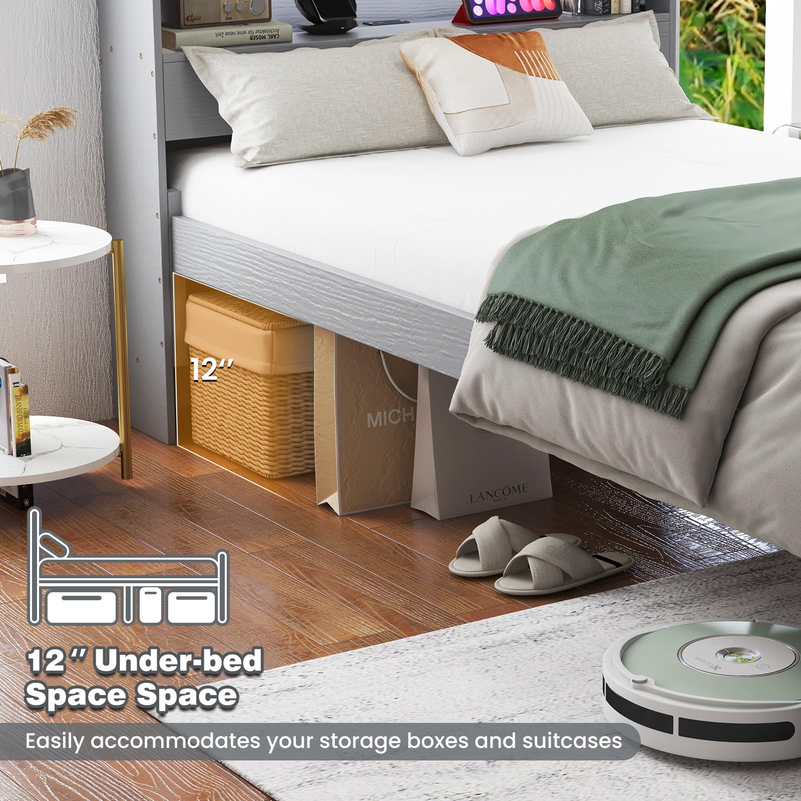 Twin Size Wood Platform Bed Frame with Charging Station & LED Light