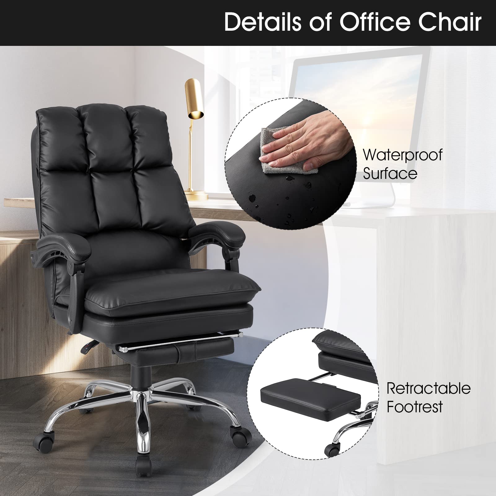 Ergonomic Office Chair with Footrest, PU Leather Reclining Chair with Padded Armrests & Soft Cushioned