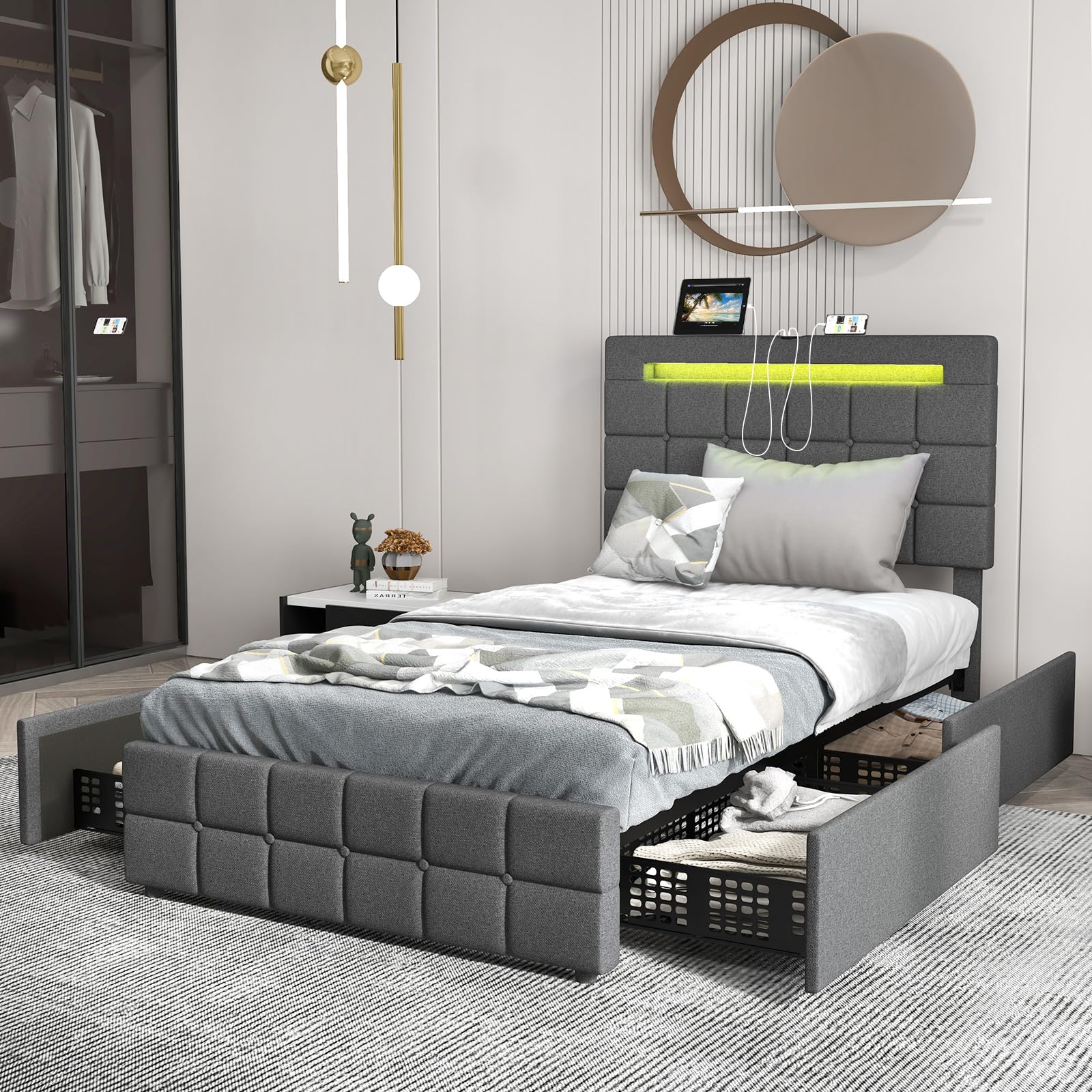 Upholstered Bed Frame with LED Lights and 4 Drawers, Height Adjustable Headboard with USB Ports