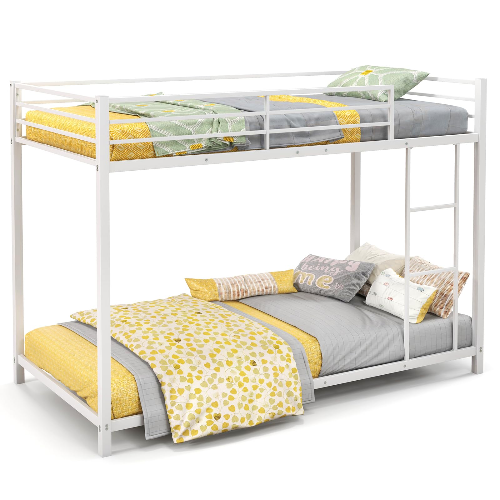Twin Over Twin Metal Low Floor Bunk Bed with Safety Guard Rail & Ladder