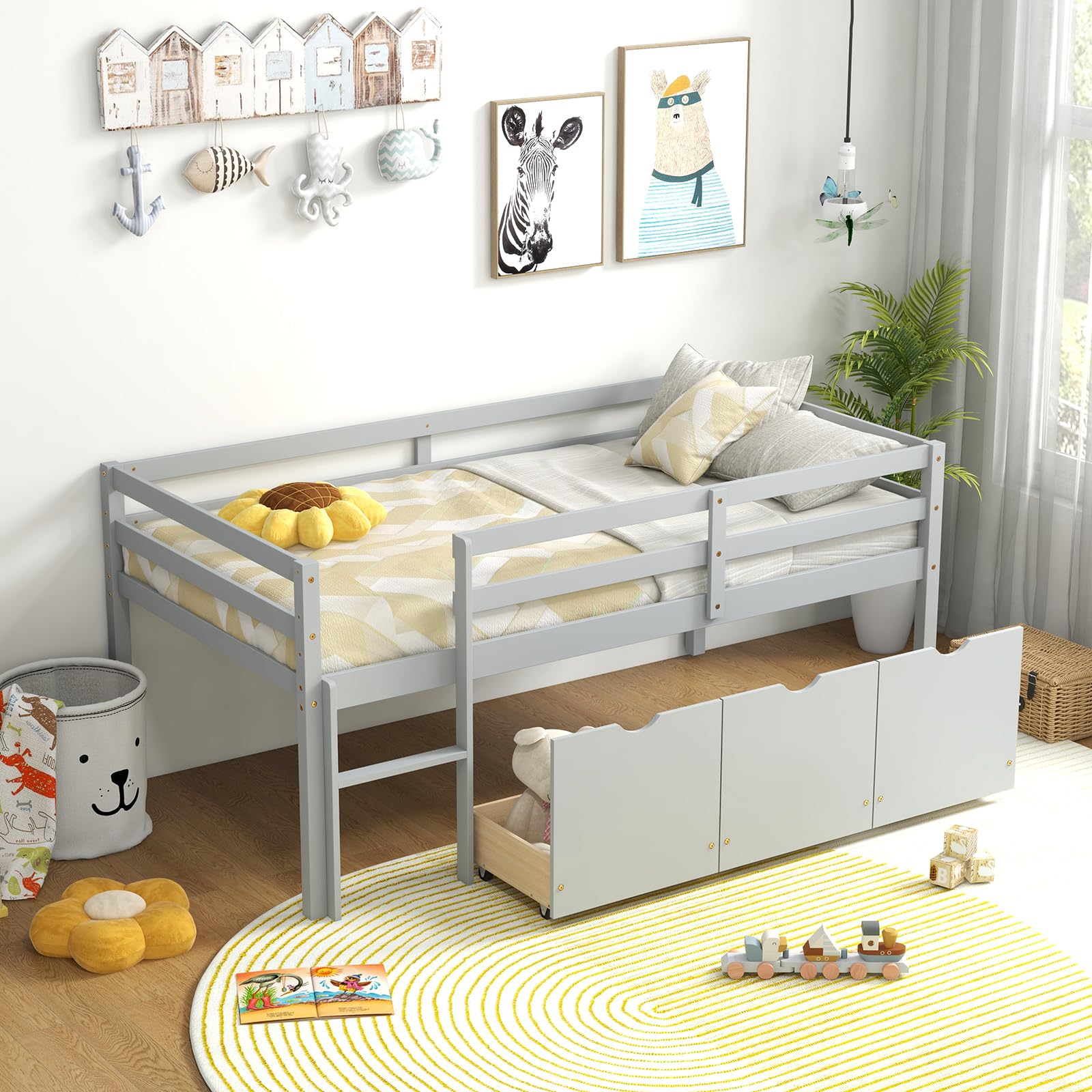 Twin Low Loft Bed with 3 Storage Drawers