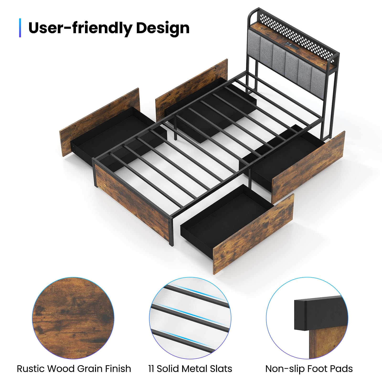 Industrial LED Bed Frame with 4 Storage Drawers & Charging Station