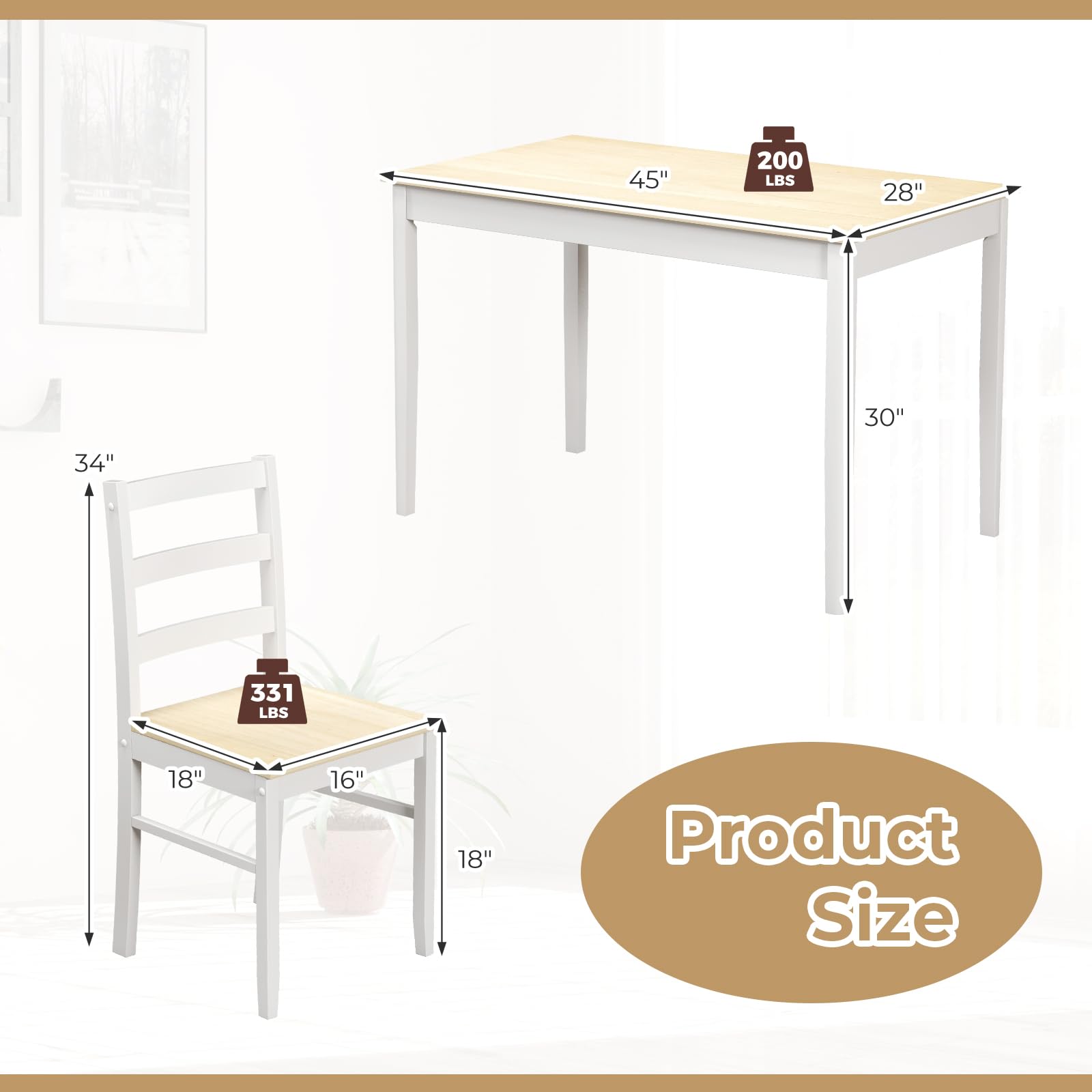 Dining Table Set for 4, Farmhouse Solid Wood Dining Set w/Rubber Wood Legs