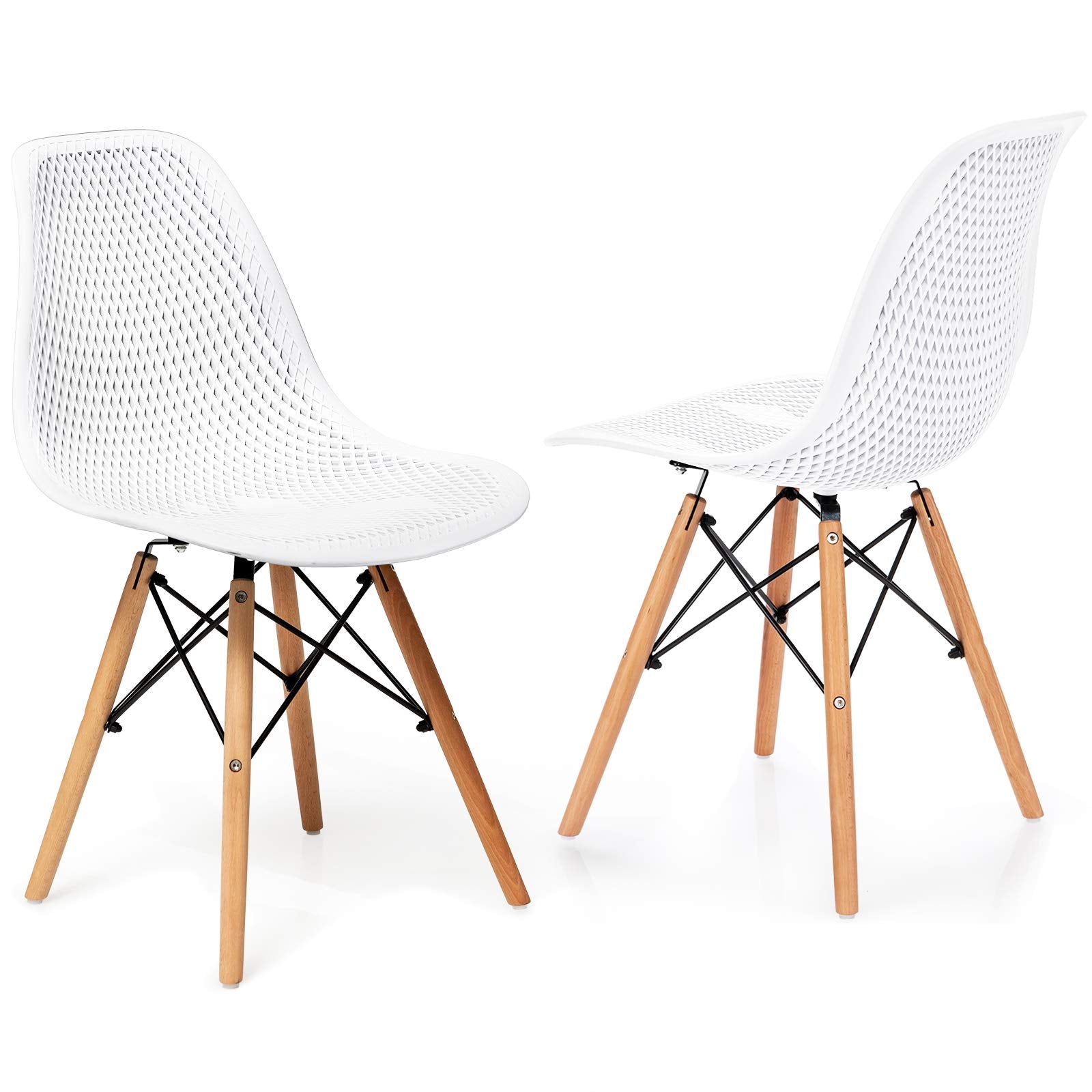 Set of 2/4 Modern Dining Chairs, Outdoor Indoor Shell PP Lounge Side Chairs with Mesh Design, Beech Wood Legs