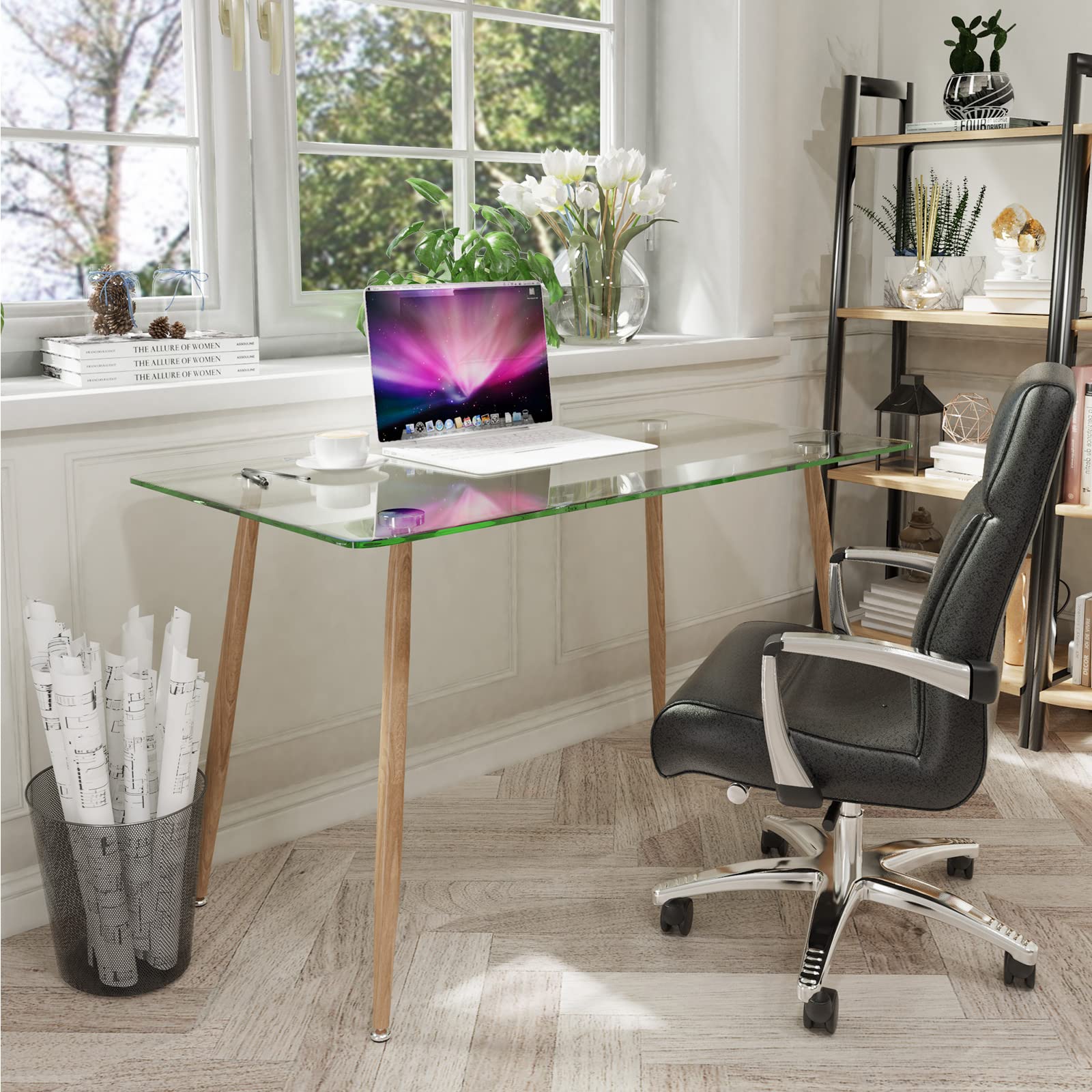 Glass Dining Table, Modern Rectangular Table with Spacious Tempered Glass Tabletop