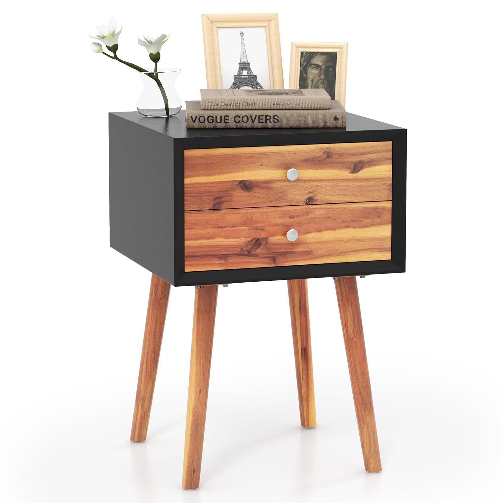 2-Drawer Nightstand, Mid-Century Modern Bed Side Table with Storage