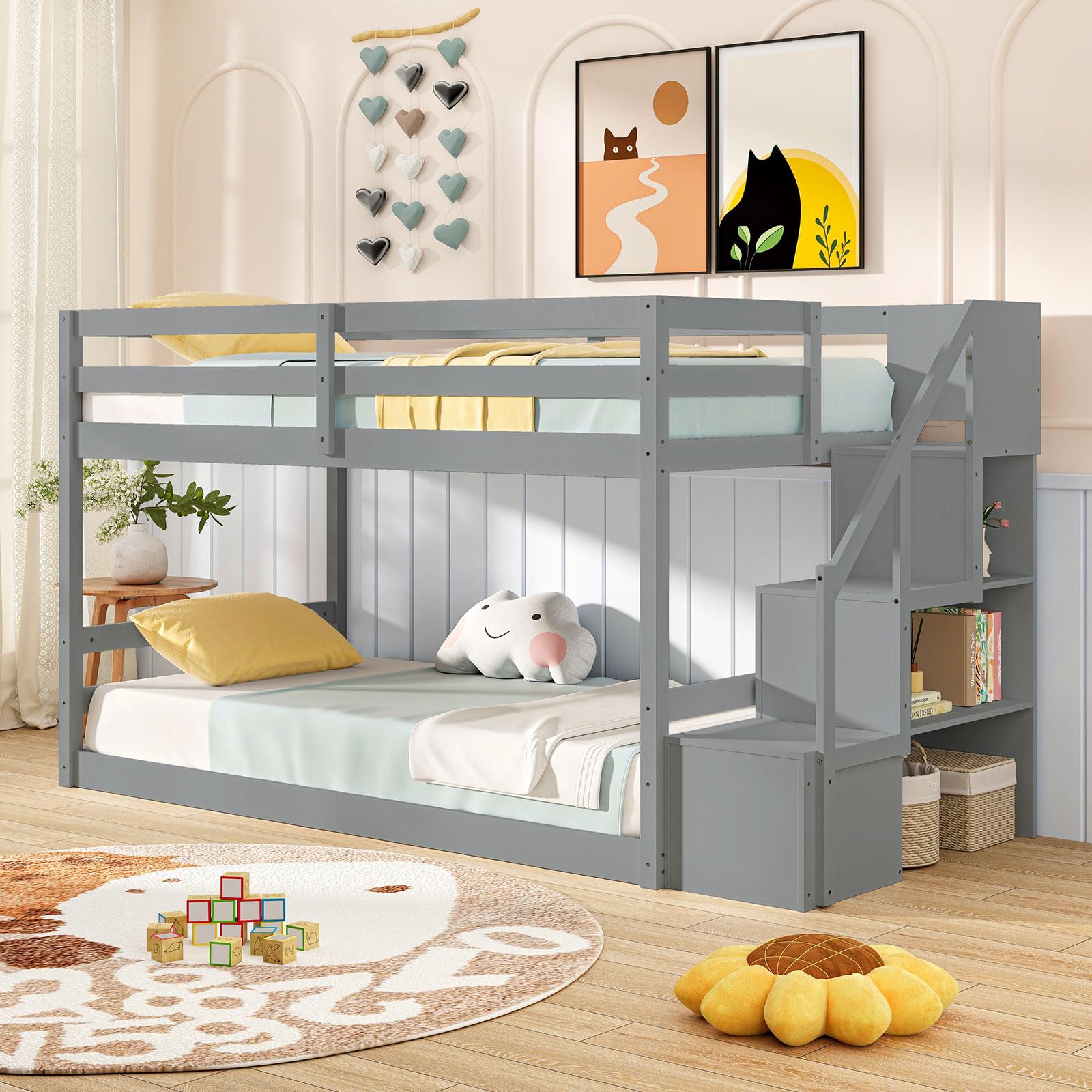 Bunk Bed with Stairs, Solid Wood Floor Bunk Bed with Storage Staircase & Full-Length Guardrails