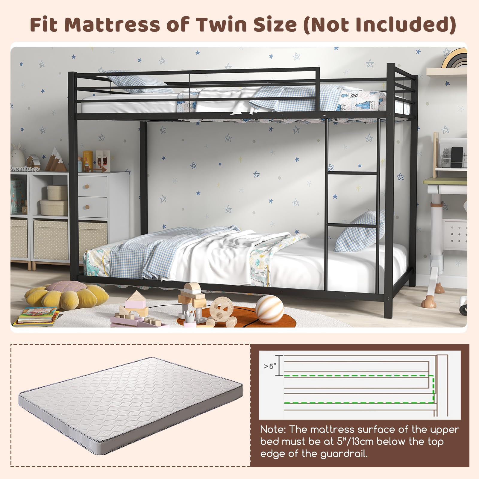 Twin Over Twin Metal Low Profile Bunk Bed with Safety Guard Rails & Side Ladder