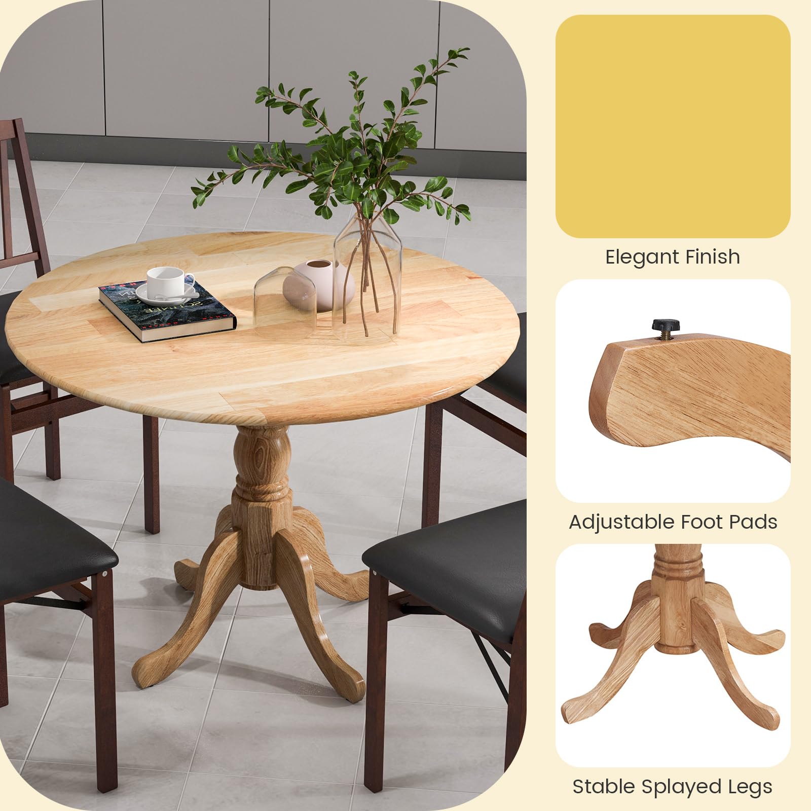 Wood Round Dining Table for 4 People with Round Tabletop & Curved Trestle Legs