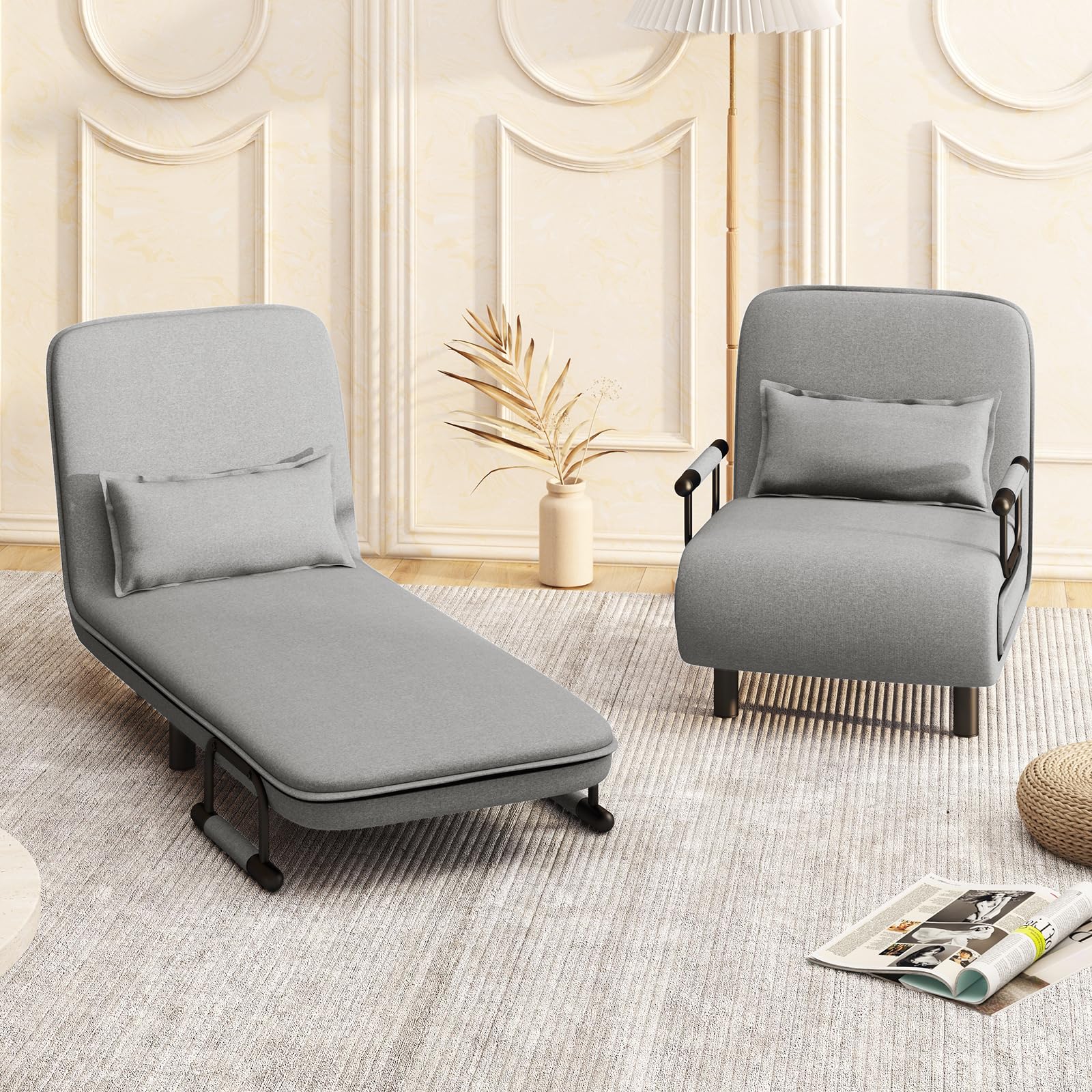 Convertible Chair Bed with 5-Position Adjustable Backrest & Lumbar Pillow, 2 Hidden Metal Legs & 2 Lockable Casters