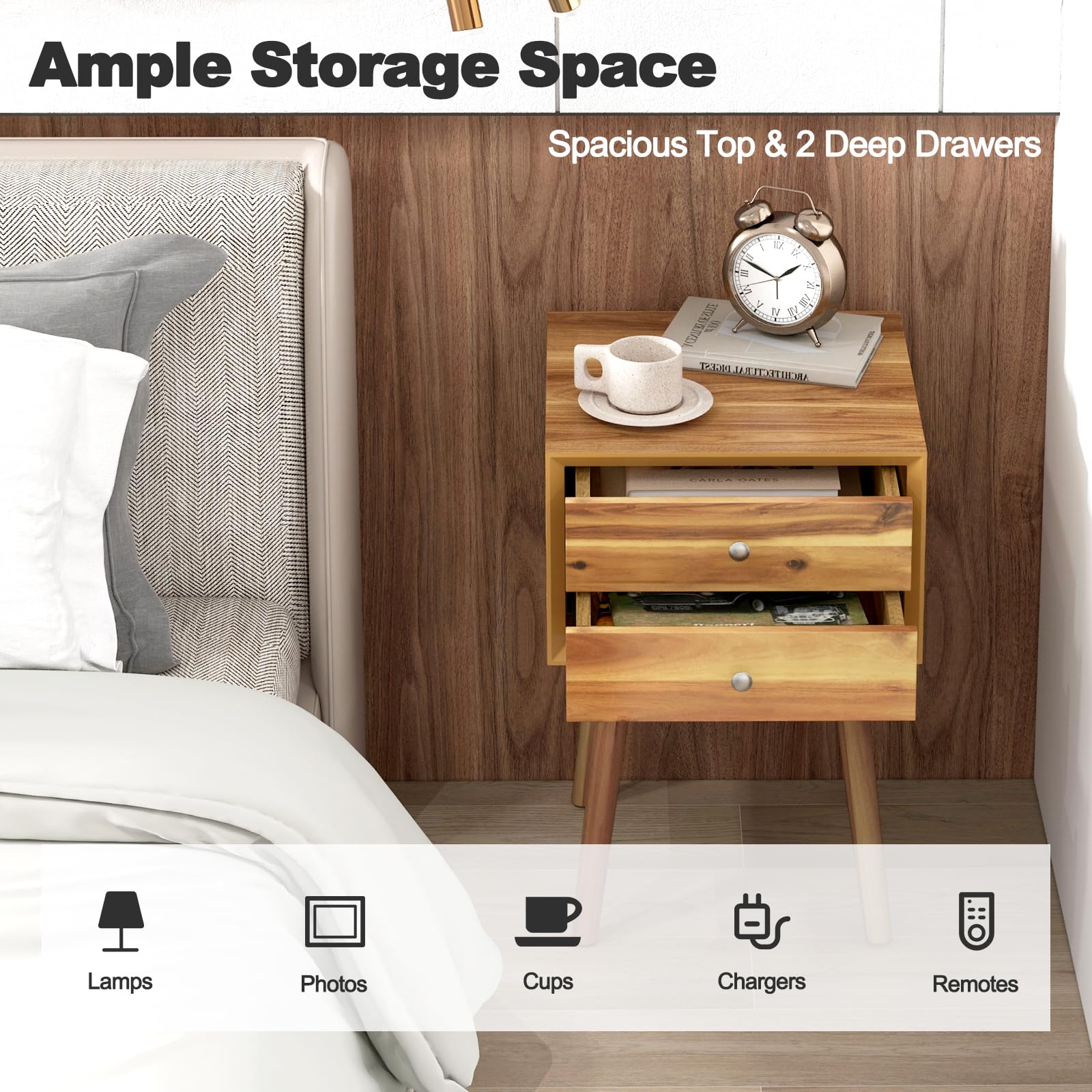2-Drawer Nightstand, Mid-Century Modern Bed Side Table with Storage