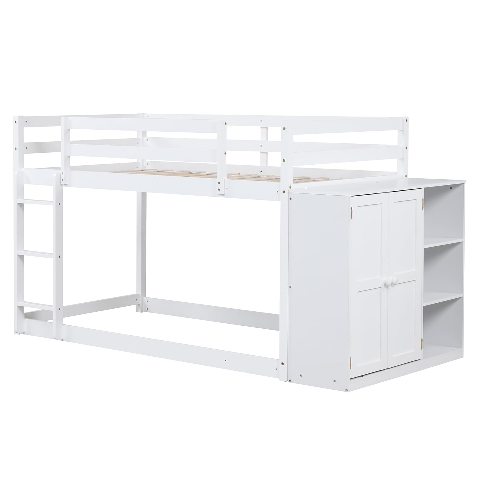 Twin Over Twin Bunk Bed with Storage Cabinet & Shelves, Convertible Bookcase