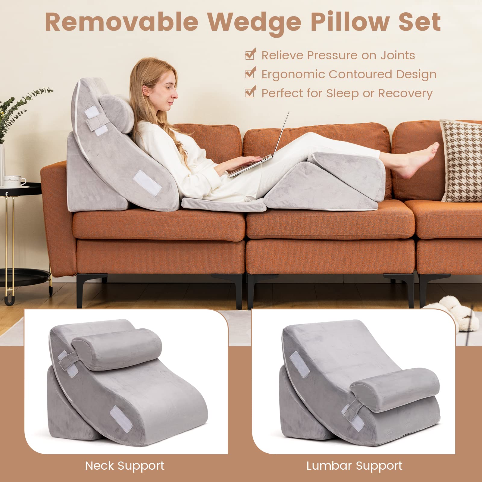6PCS Orthopedic Bed Wedge Pillow Set, Adjustable Pillows for Neck, Back and Leg Pain Relief
