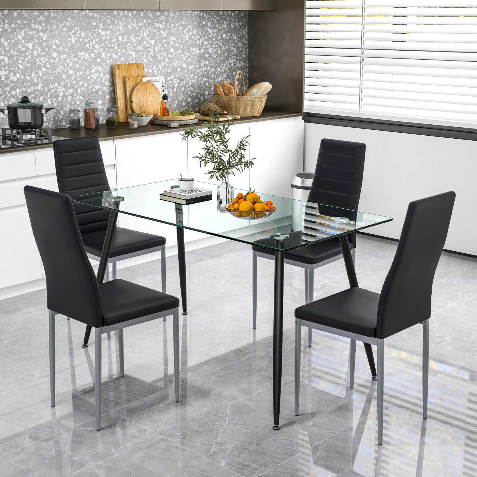 Set of 4 Dining Chairs, High Back Dining Side Chairs w/PVC Leather & Non-Slip Feet Pads