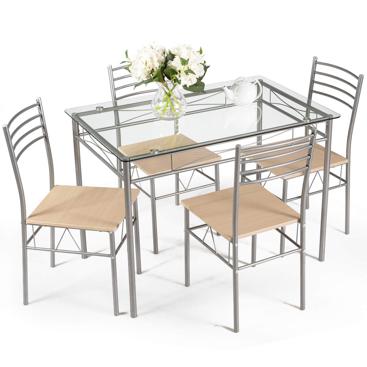 5 Piece Dining Table Set, Kitchen Dining Set with Tempered Glass Table Top and 4 Chairs