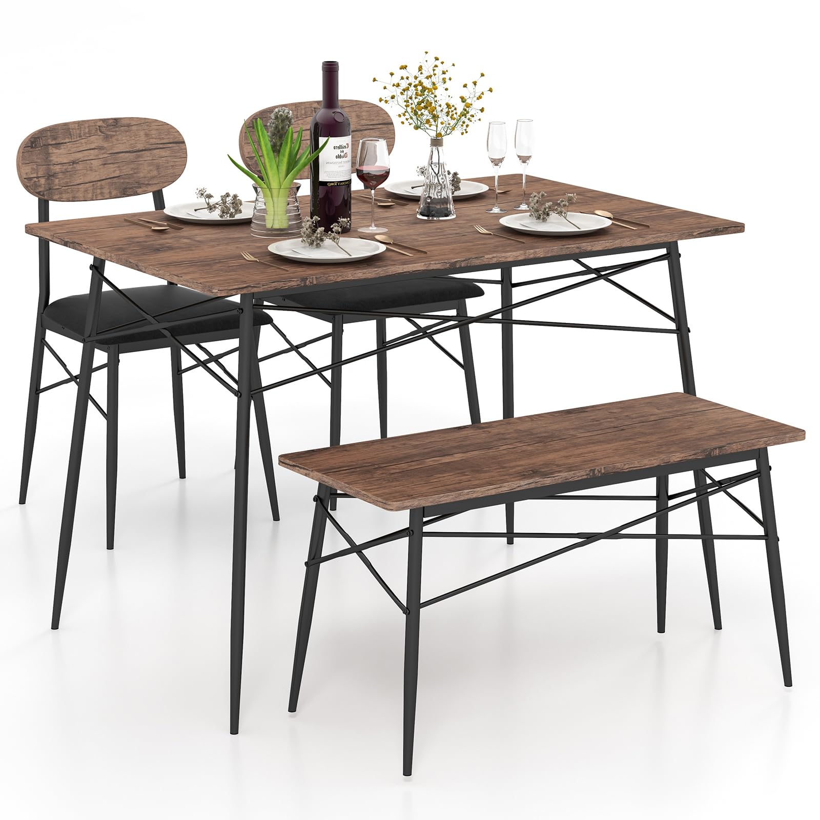 Dining Table Set for 4, Mid-Century Kitchen Furniture Set w/Kitchen Table, Bench & 2 Upholstered PVC Leather Chairs