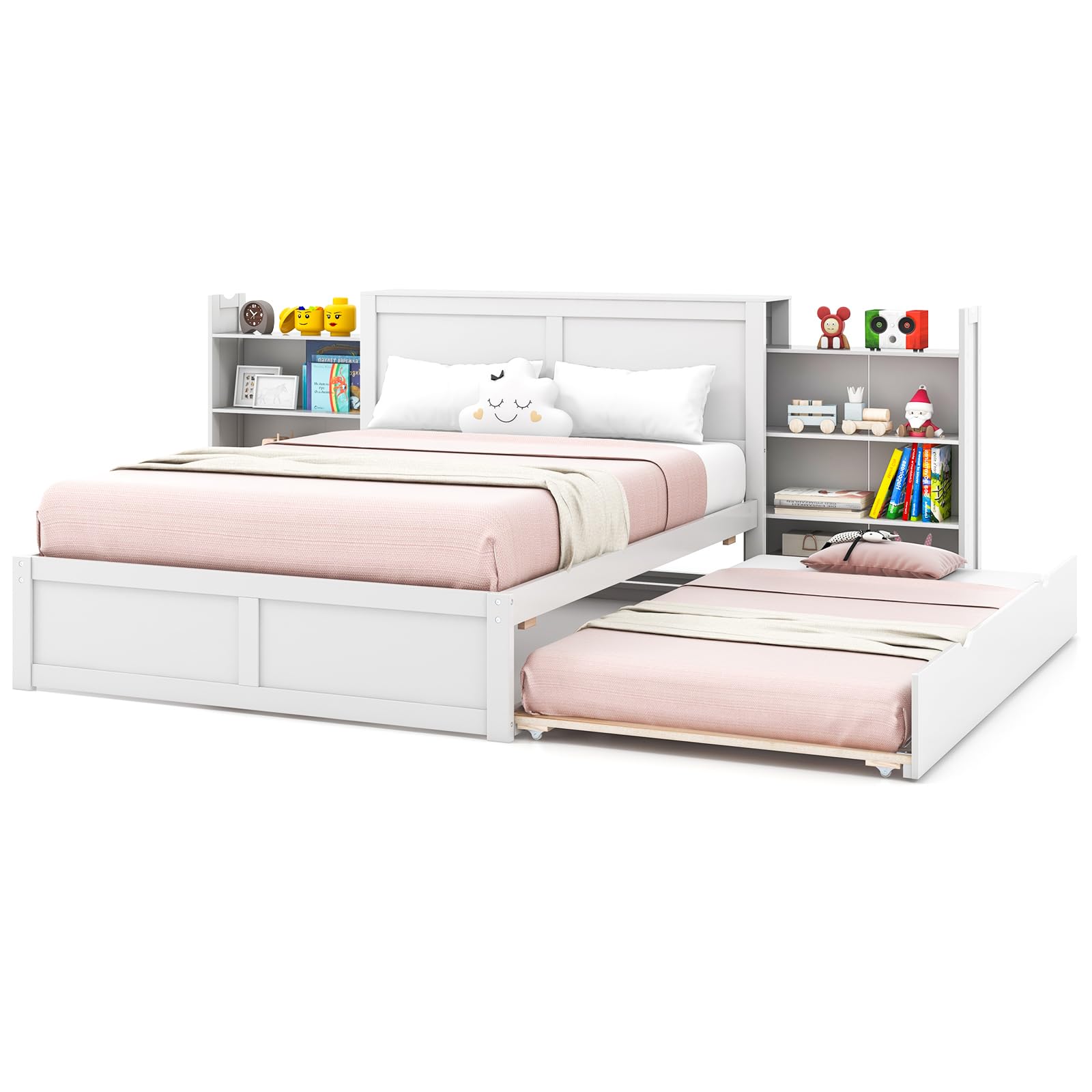 Twin Wood Daybed with Trundle with 2 Rolling Bookcases & High Headboard
