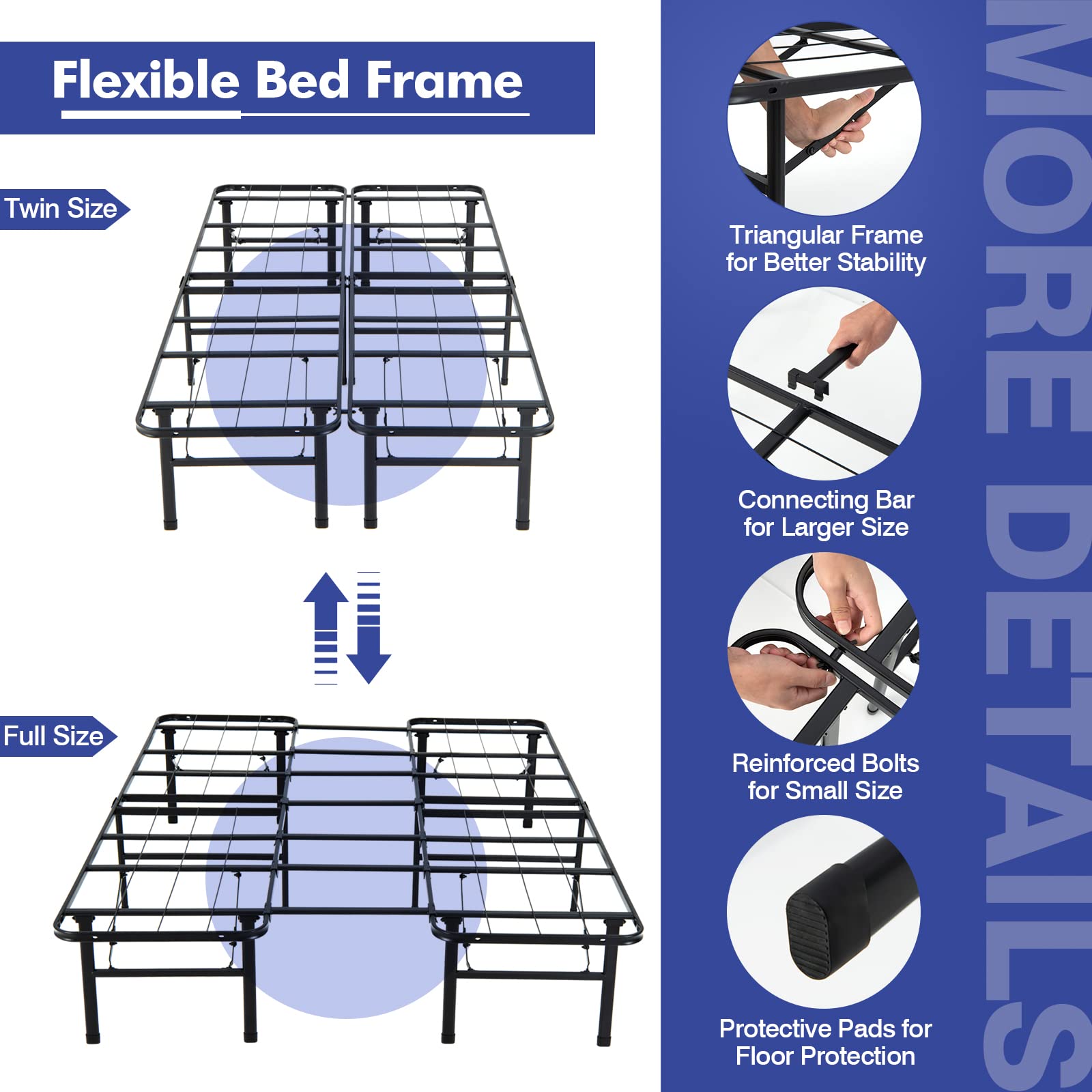 2 in 1 Folding Metal Bed Frame,Twin/Full- Queen/King Size Portable Bed Base