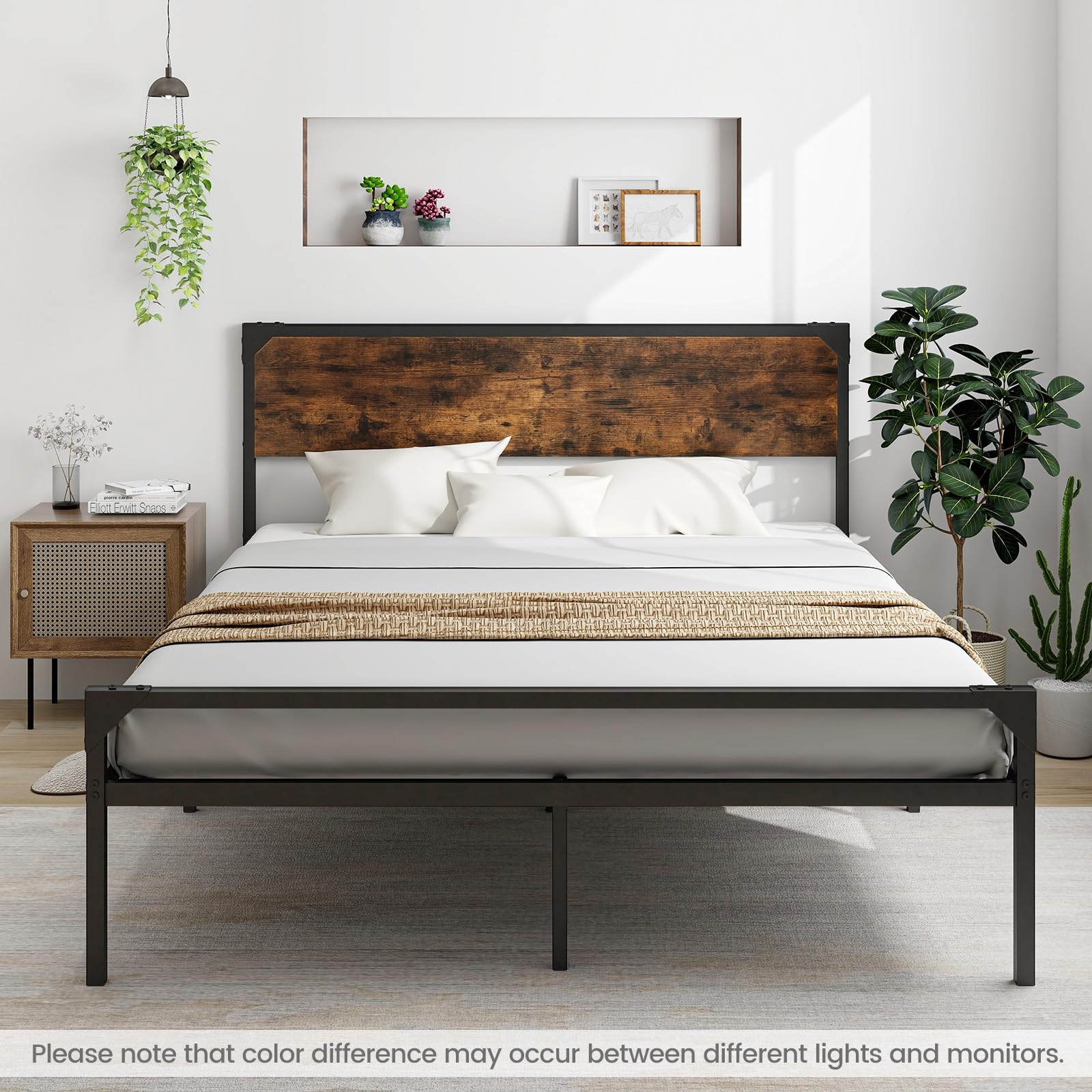 Full/ Queen Size Metal Bed Frame with Wood Headboard
