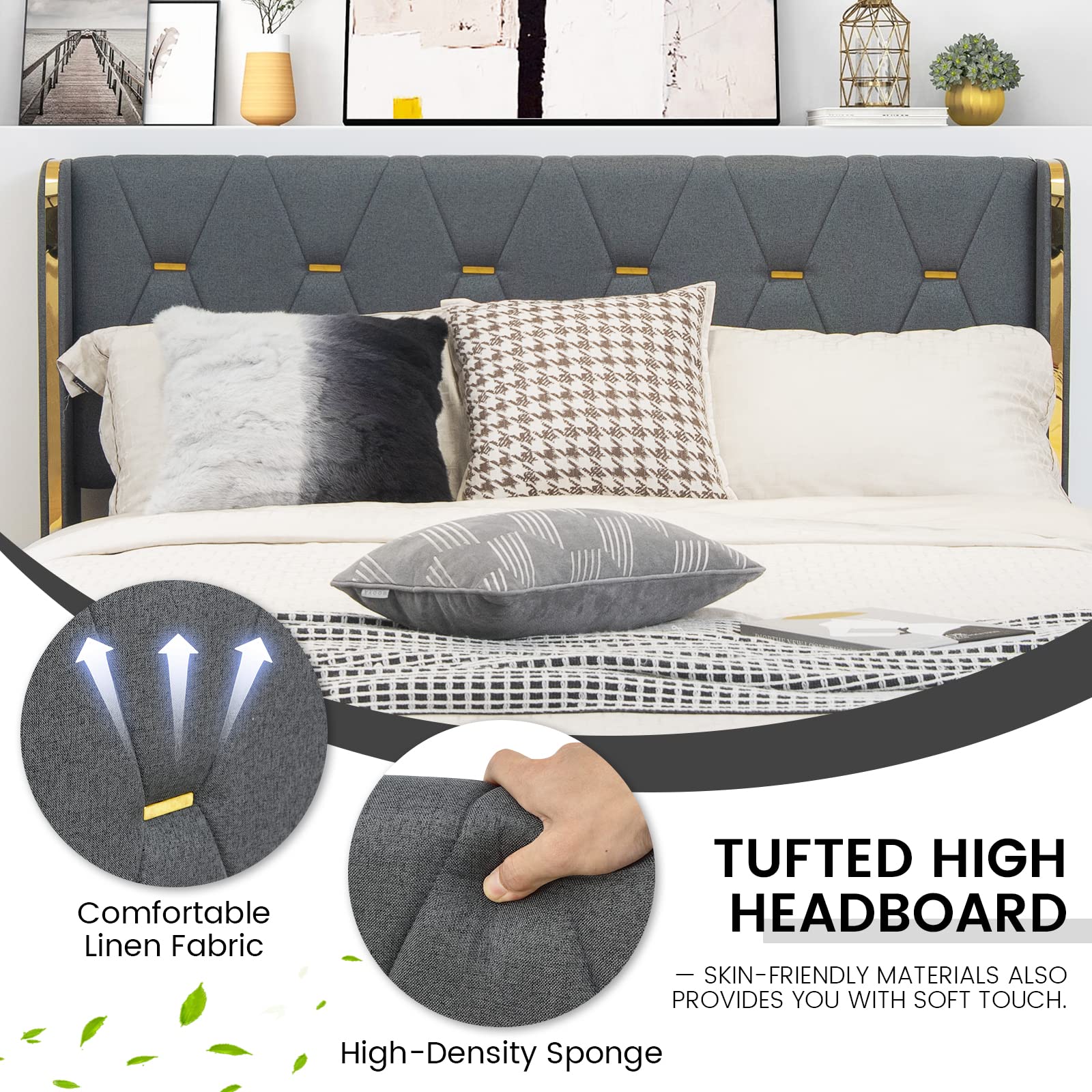 Full/Queen Upholstered Bed Frame with 4 Rolling Storage Drawers, Space Saving PU Leather Bed Frame