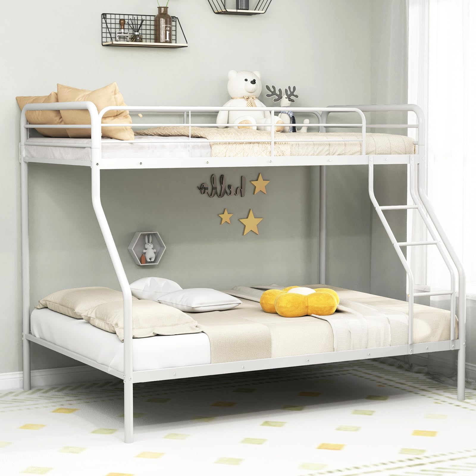 Twin Over Full Metal Bunk Bed with Inclined Ladder, Safety Guardrail