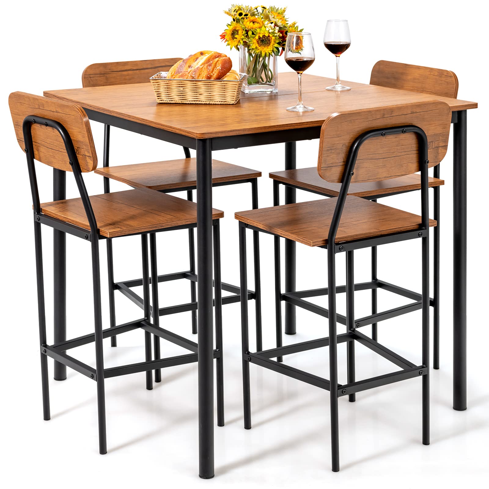 5 Piece Dining Table Set with Counter Height Table & 4 Bar Stools, Industrial Kitchen Dining Table Set  with Footrest & Backrest