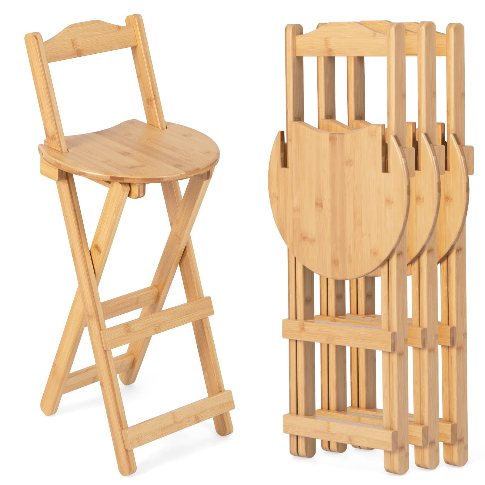 Folding Bamboo Bar Stools Set of 2/4, 24-inch Kitchen Counter Height Stools with Backrest and Footrest