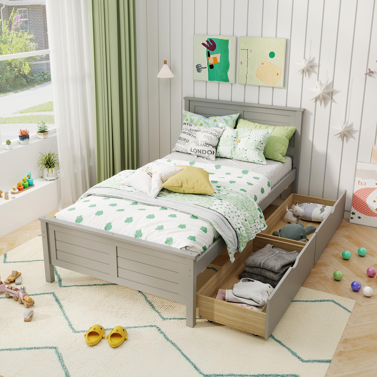 Wood Bed Frame with 2 Storage Drawers
