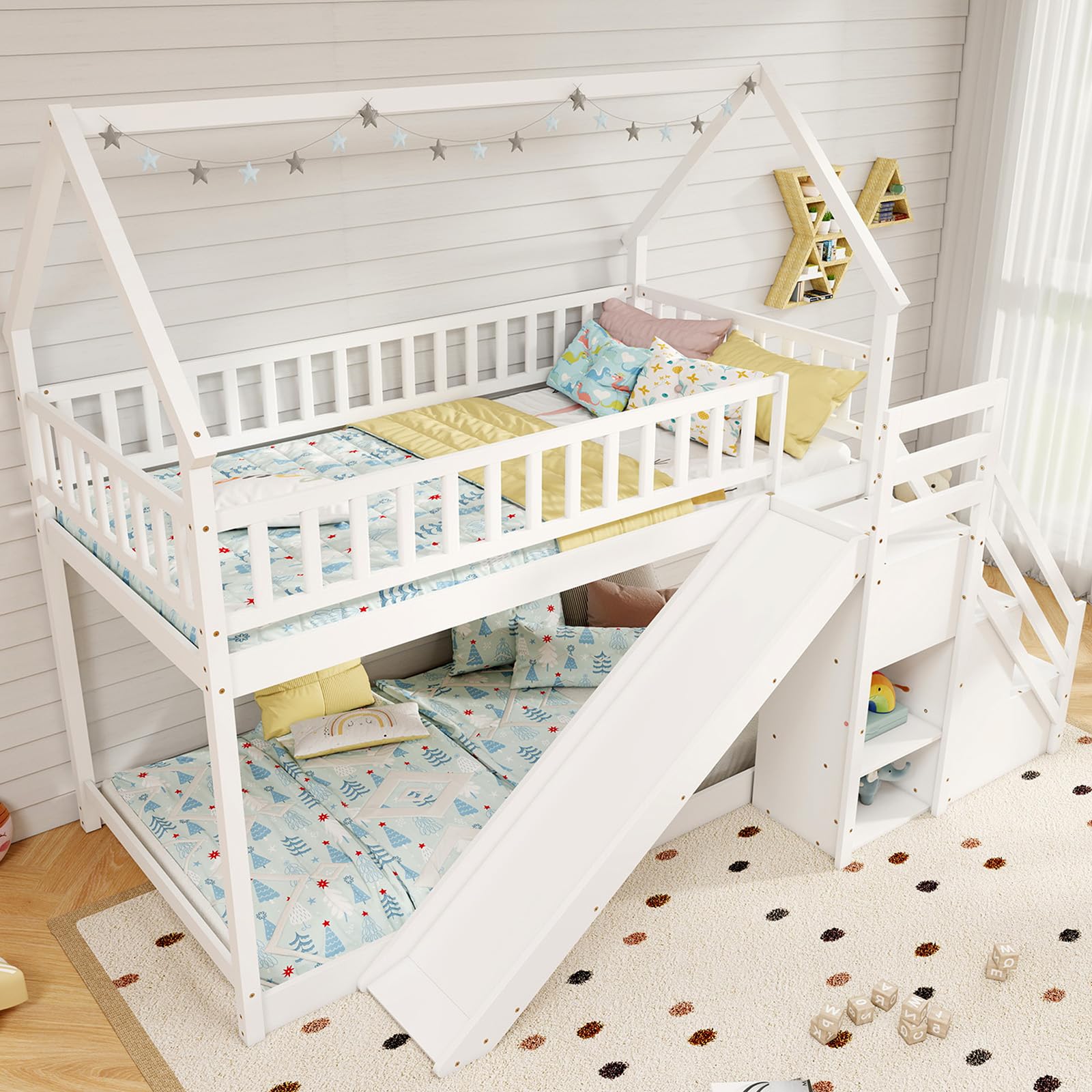 Twin Over Twin  Wood House Bunk Bed with Slide & Stairs, Storage Shelves