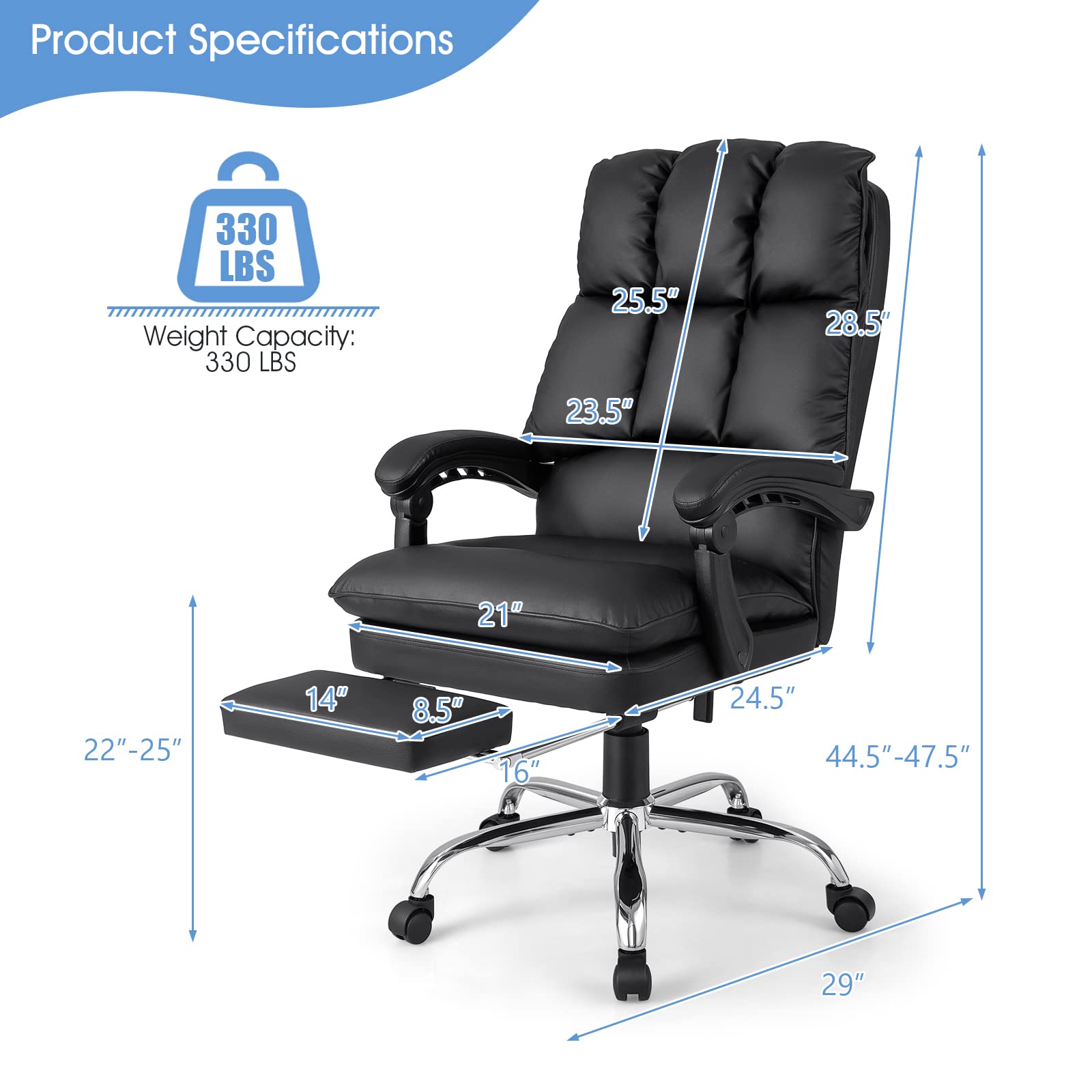 Ergonomic Office Chair with Footrest, PU Leather Reclining Chair with Padded Armrests & Soft Cushioned