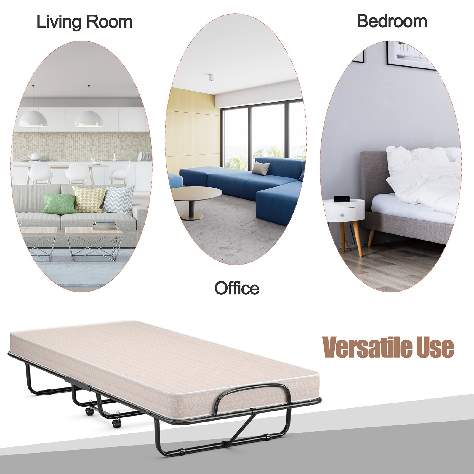 Folding Guest Bed with Mattress,  Twin Size Portable Rollaway Bed 5-Inch Memory Foam Mattress