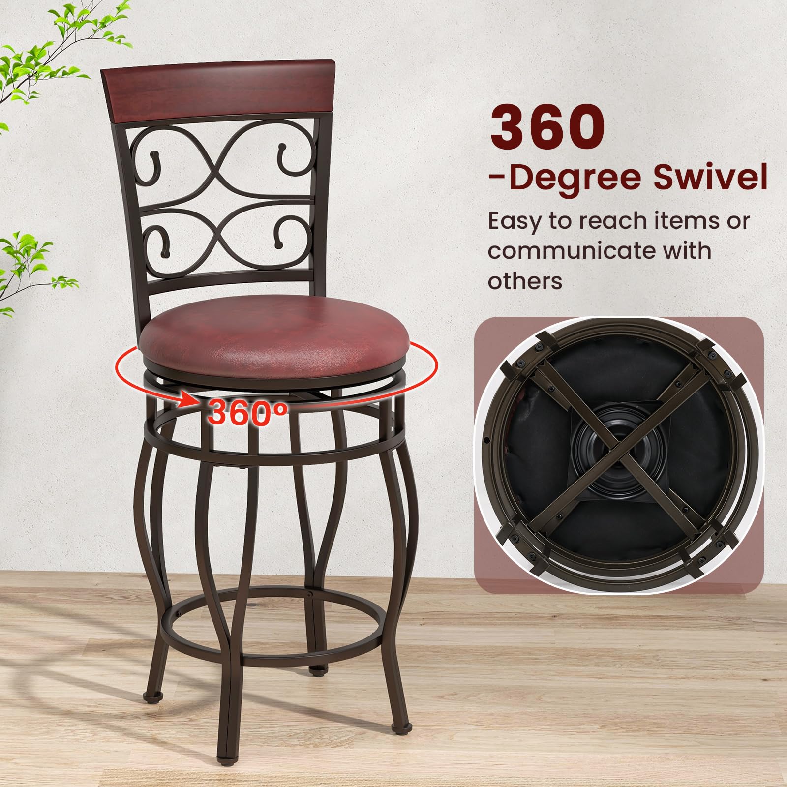 Swivel Bar Stools Set of 2/4, Counter Height Bar Stools with Back, Upholstered PU Leather Seat, Footrest
