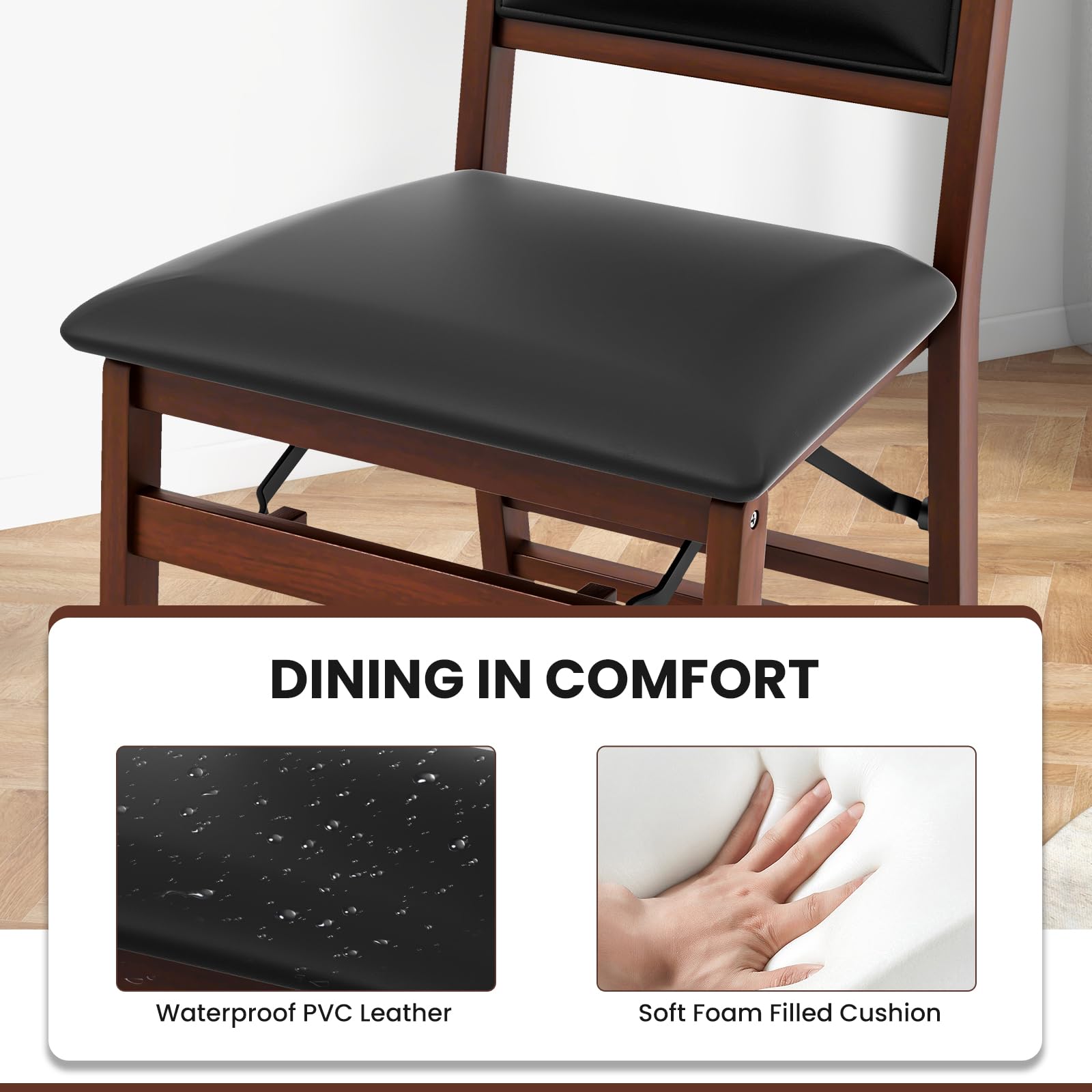 Folding Dining Chairs Set of 2/4, Foldable Wood Chairs with PVC Padded Seat & High Backrest