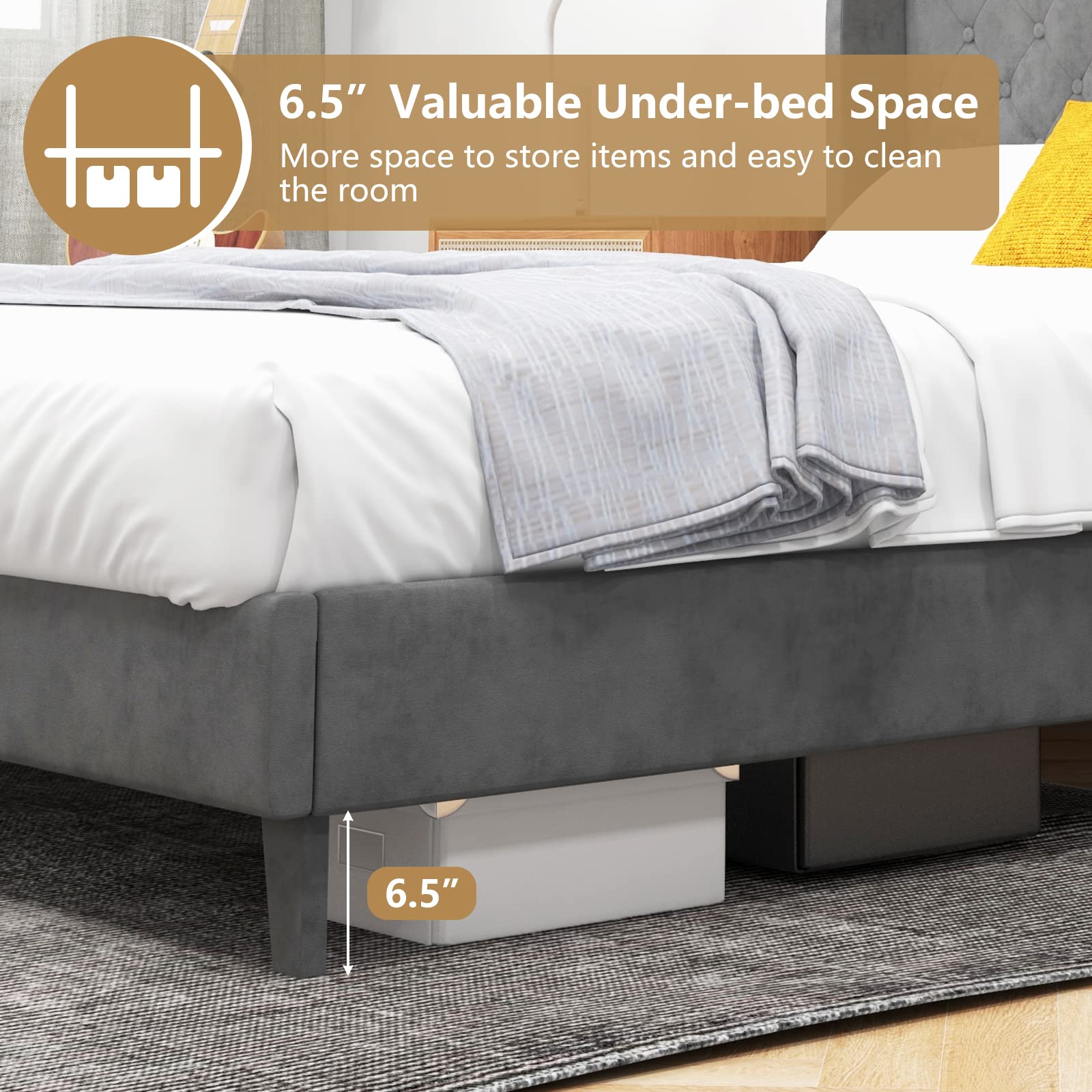 Full/Queen Size Velvet Upholstered Platform Bed Frame with Button Tufted Headboard