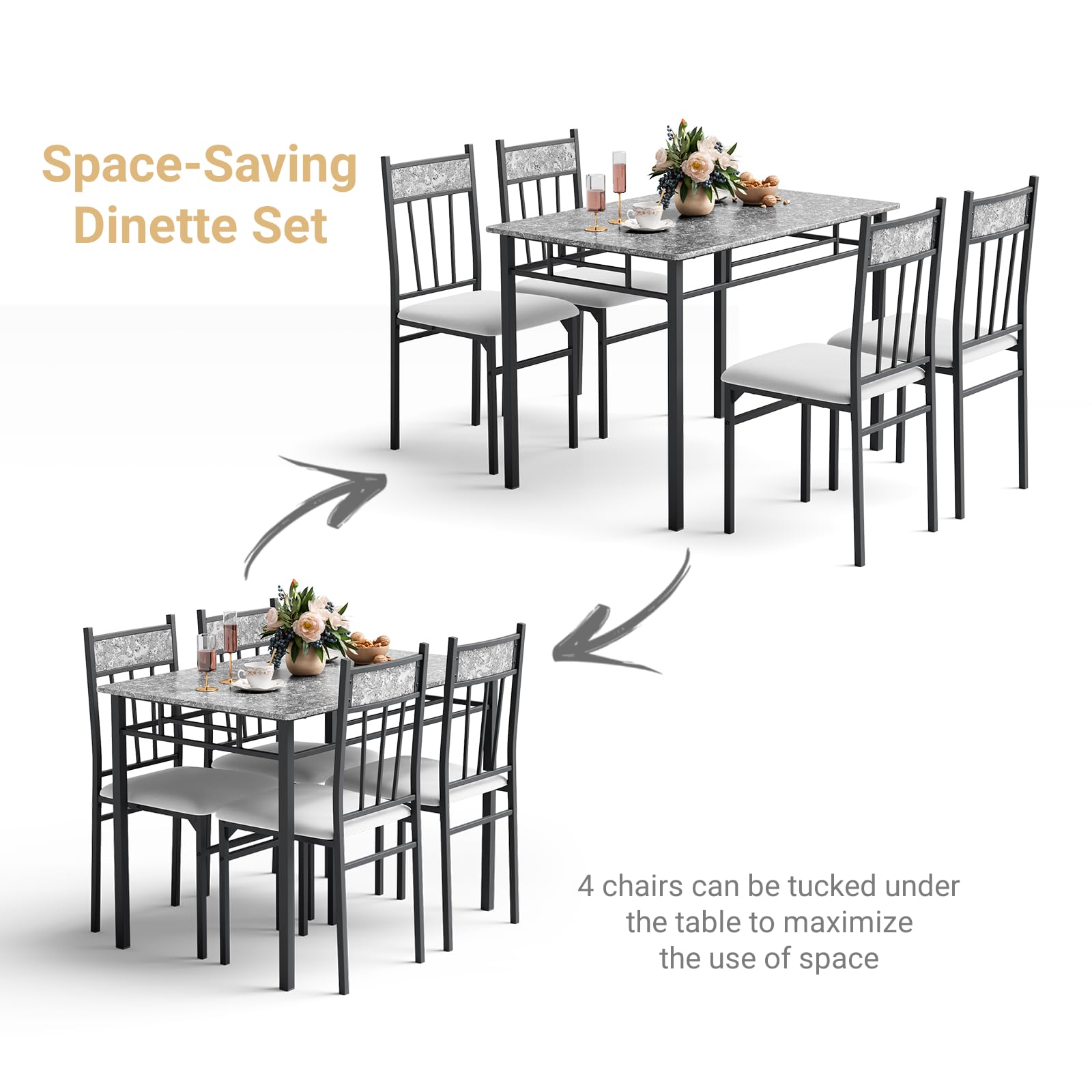 5 Piece Dining Table Set, Modern Rectangular Dining Table & Upholstered Chair Set w/Marble Tabletop