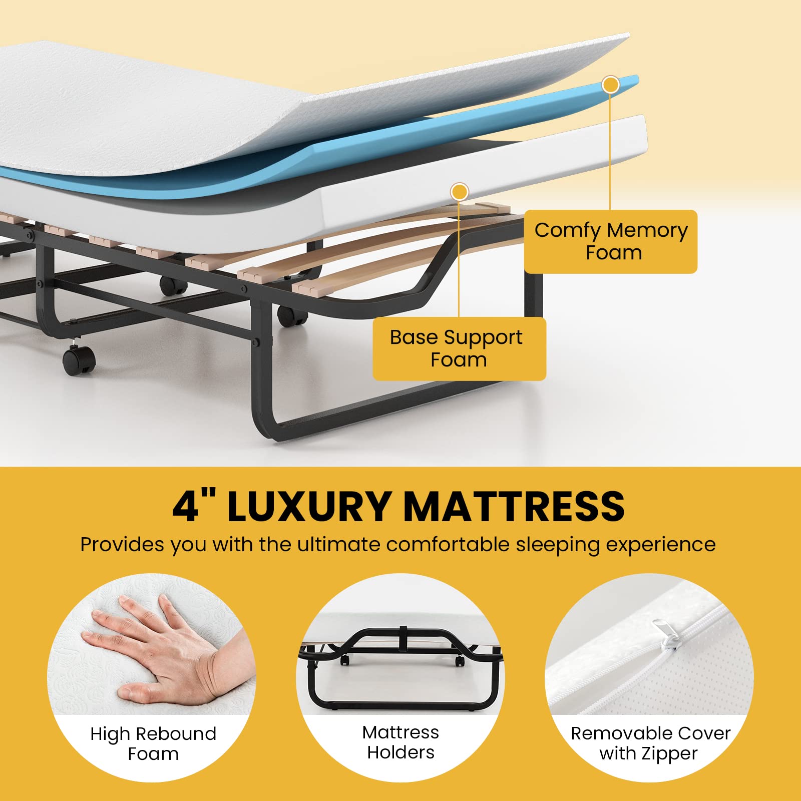 Folding Bed with 4 Inch Memory Foam Mattress & Solid Wood Slats