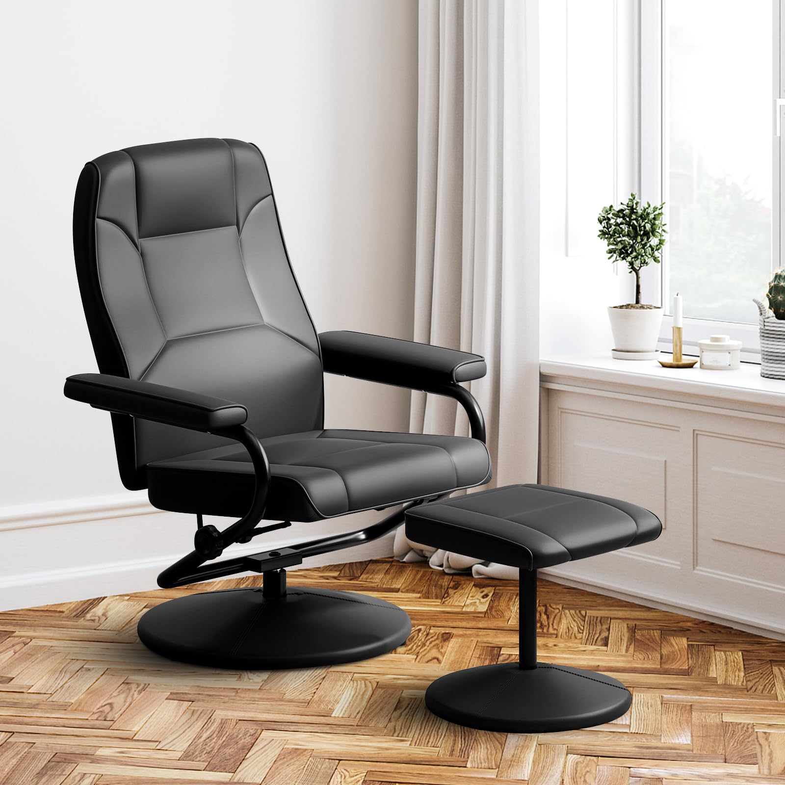 Recliner Chair with Ottoman, 360&deg; Swivel Faux Leather Reclining Chair w/Adjustable Backrest, Footrest