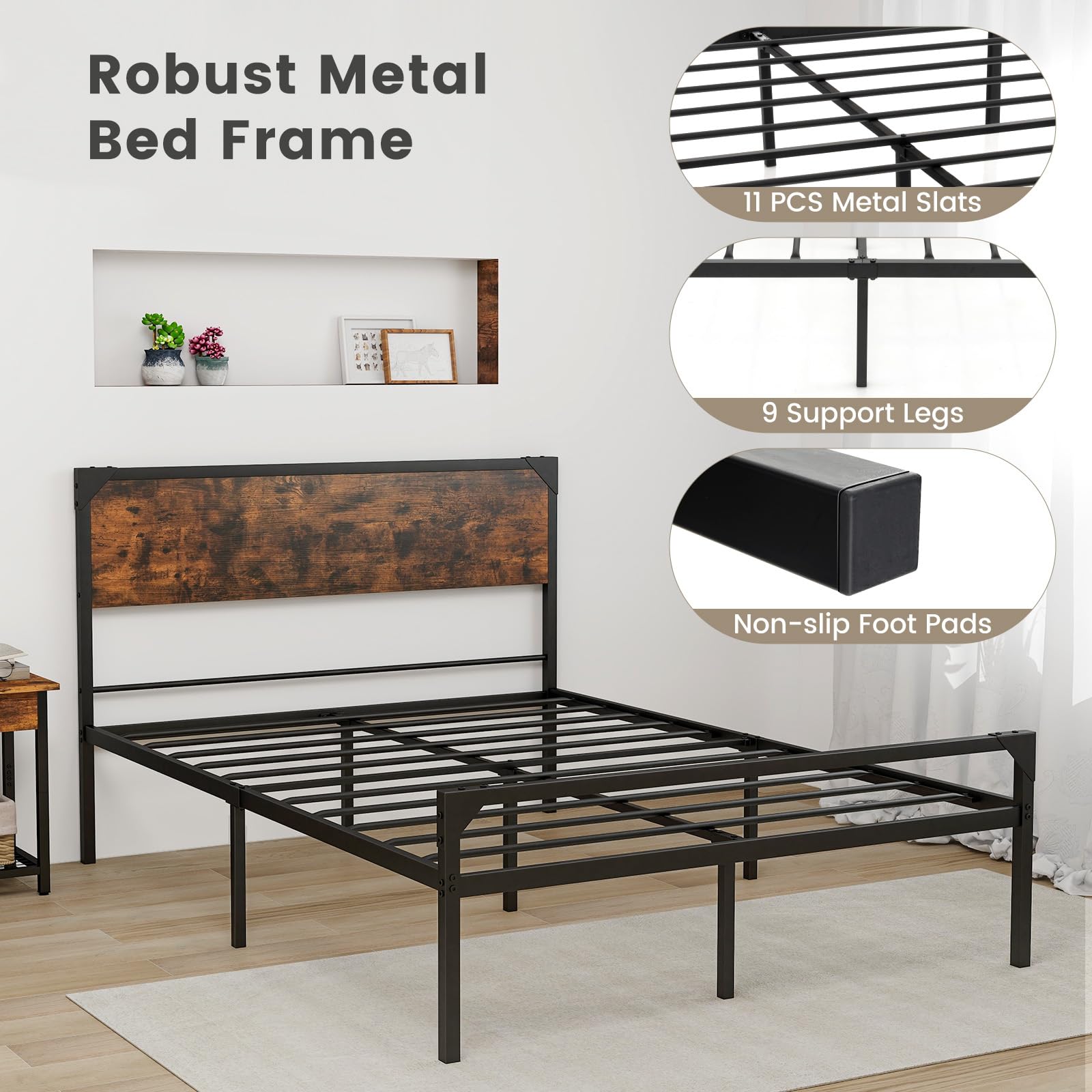 Full/ Queen Size Metal Bed Frame with Wood Headboard
