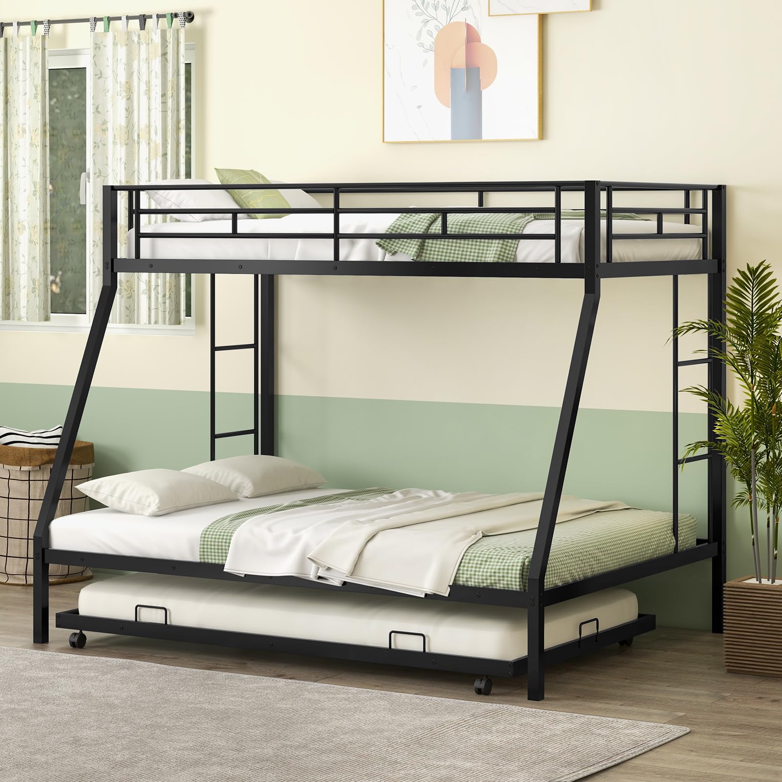 Twin Over Full Heavy-Duty Metal Bunk Bed with Trundle, Guardrail & 2 Ladders