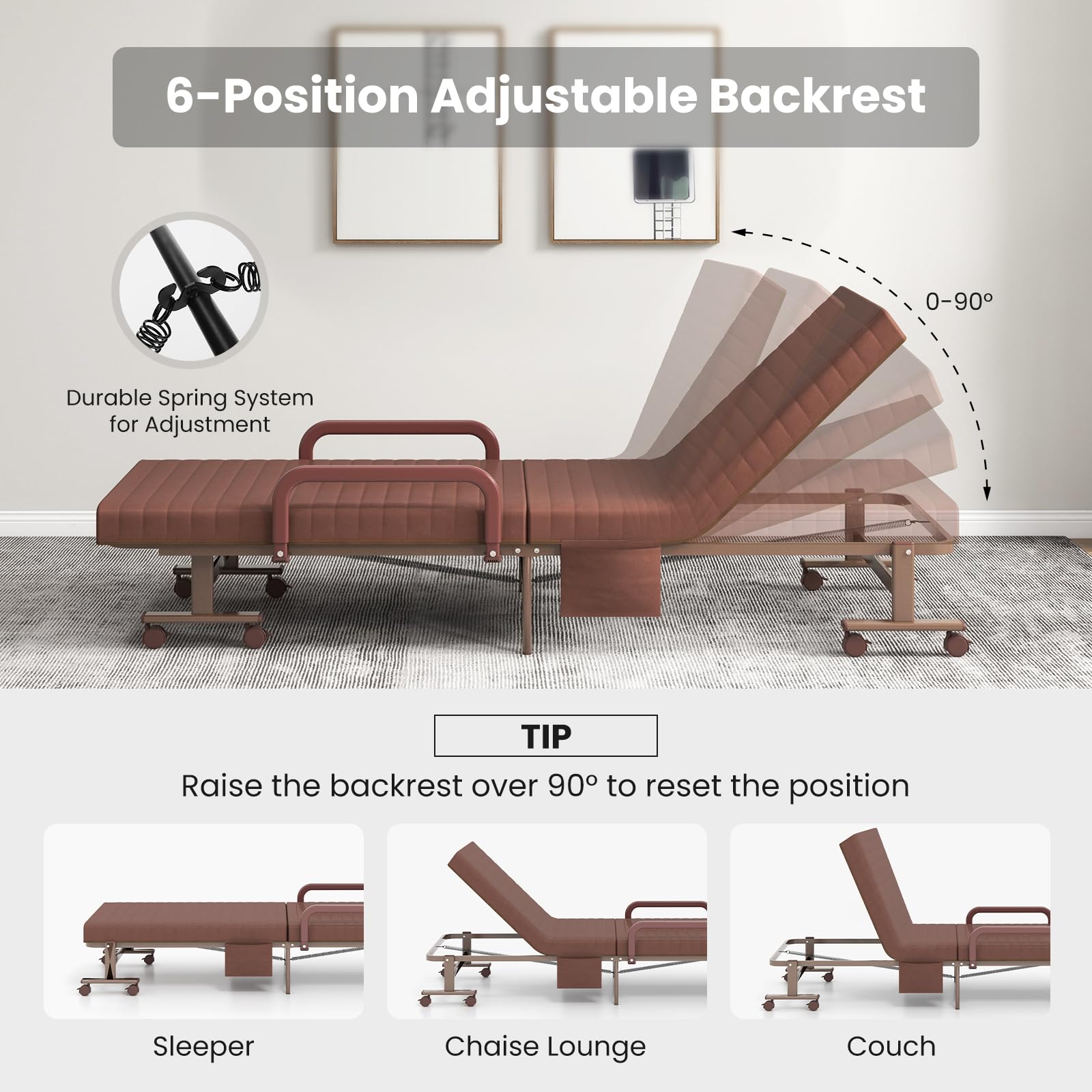 Folding Bed With Mattress, Portable Guest Bed With Adjustable 6 Position & Side Storage Pocket
