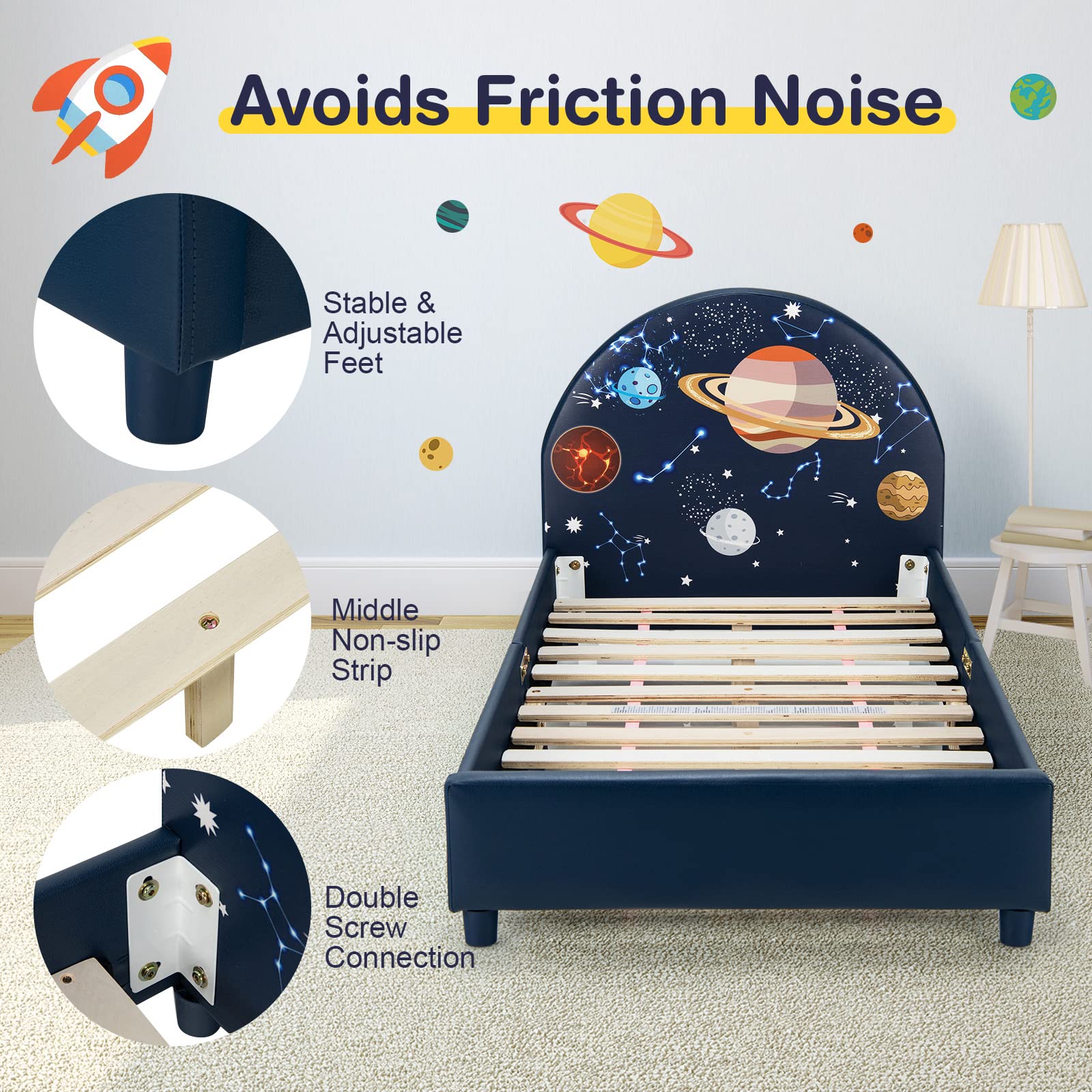Kids Bed, Toddler Upholstered Platform Floor Bed w/Headboard & Wooden Slat Base