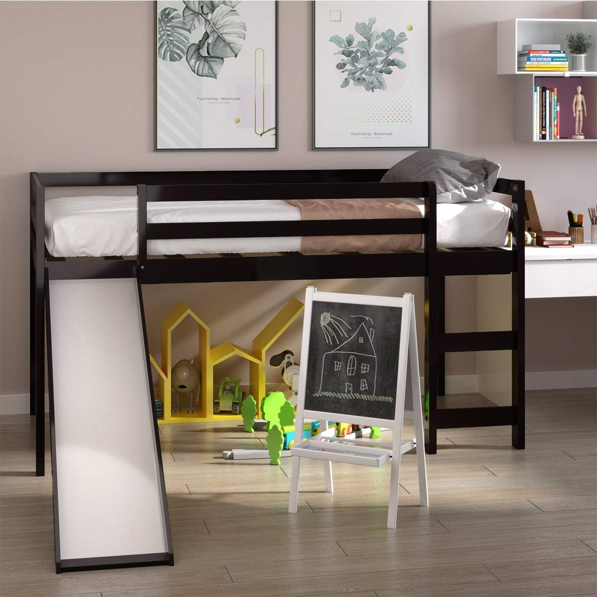 Twin Size Wood Low Loft Bed with Slide, Ladder & Guard Rail