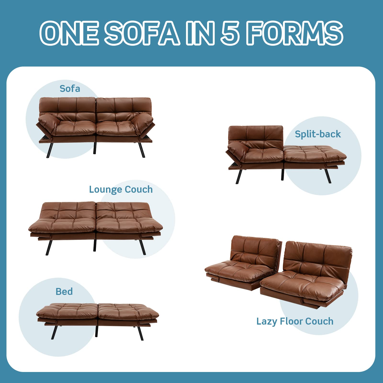 Futon Sofa Bed, Faux Leather Memory Foam Convertible Futon Couch with Adjustable Backrest & Armrests