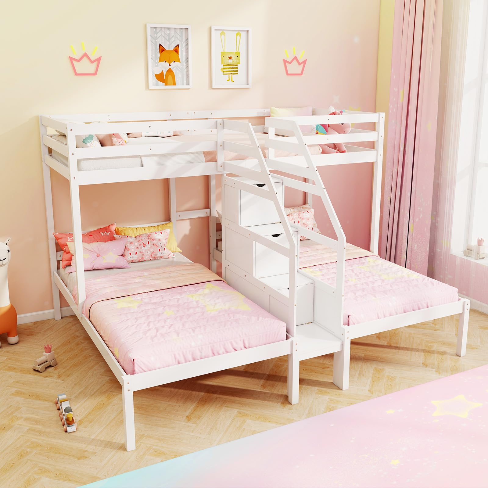 Triple Bunk Beds with 4-Step Storage Stair, Guardrail & Solid Wood Structure