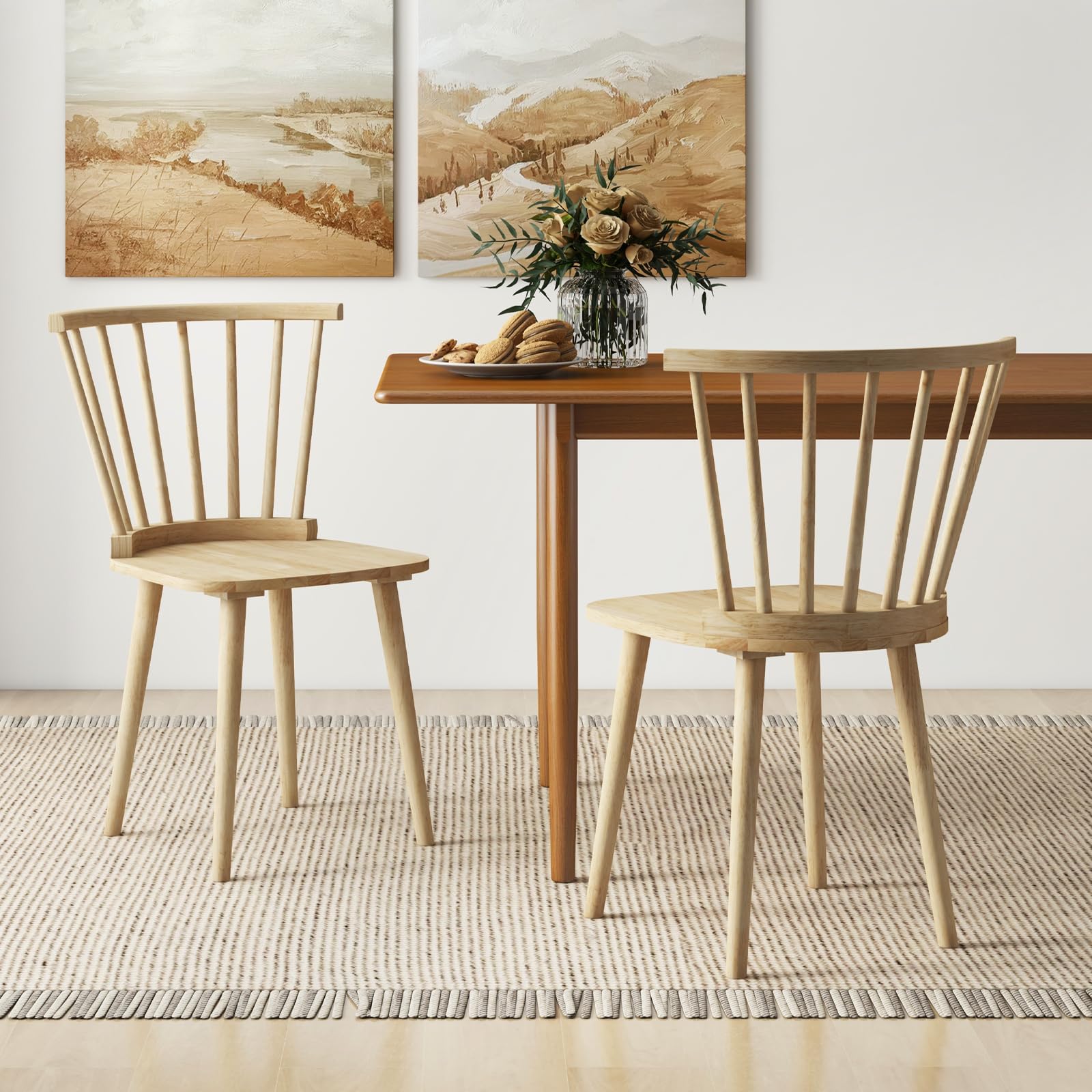 Wood Dining Chairs Set of 2/4, Windsor Dining Chairs with High Spindle Back