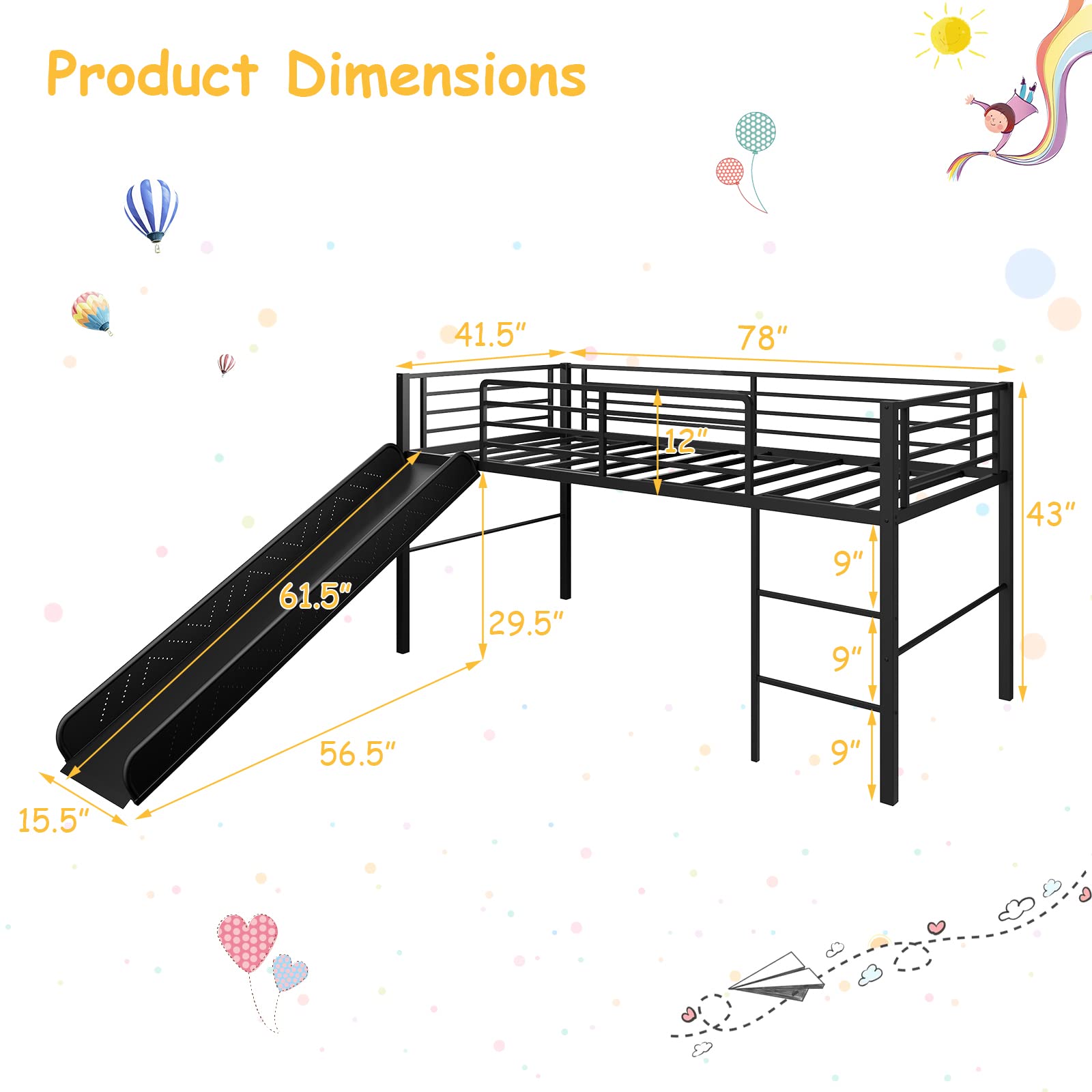 Twin Metal Low Loft Bed with Slide, Safety Guardrails & Built-in Ladder