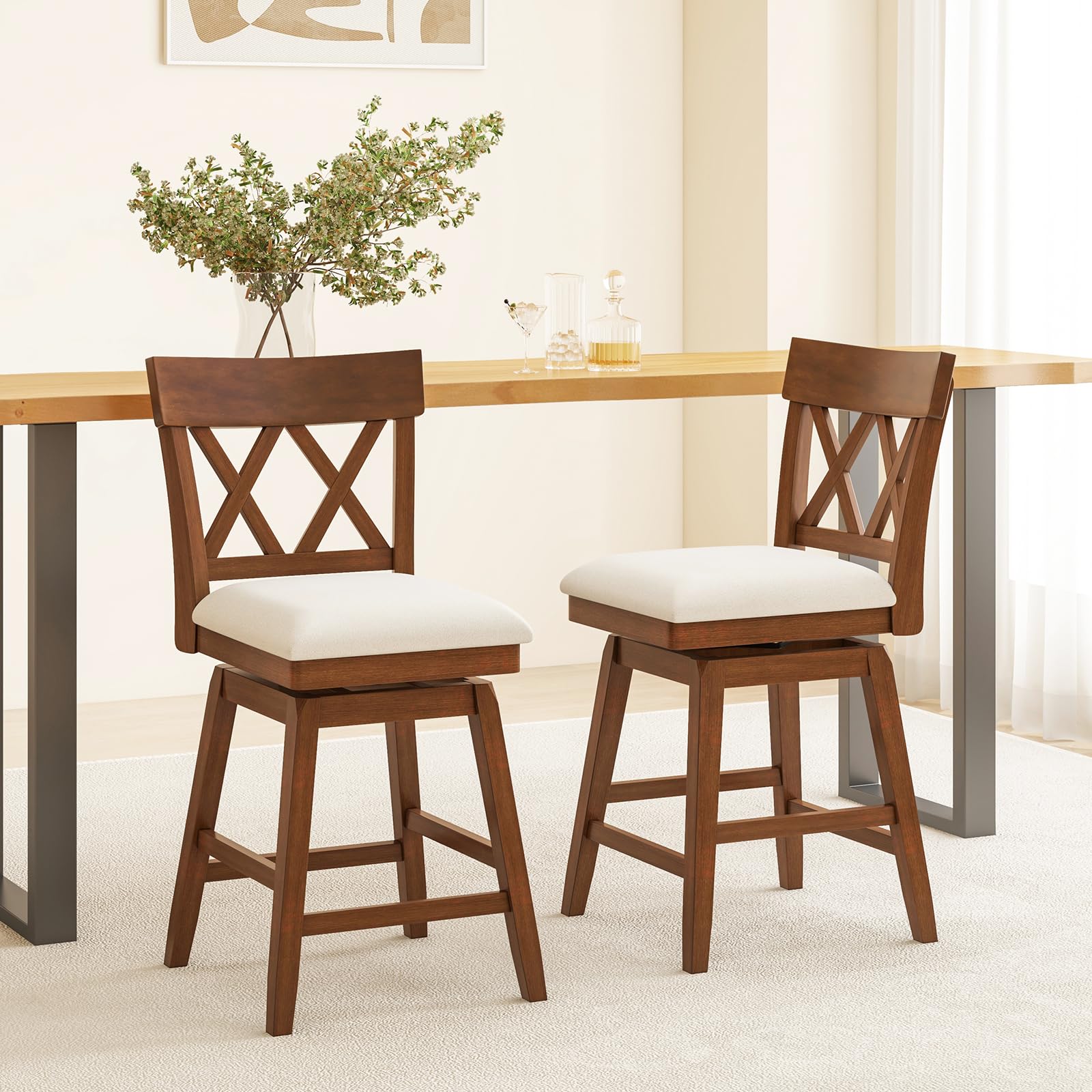Swivel Counter Height Bar Stool with Contoured Backrest, Padded Seat & Rubber Wood Legs