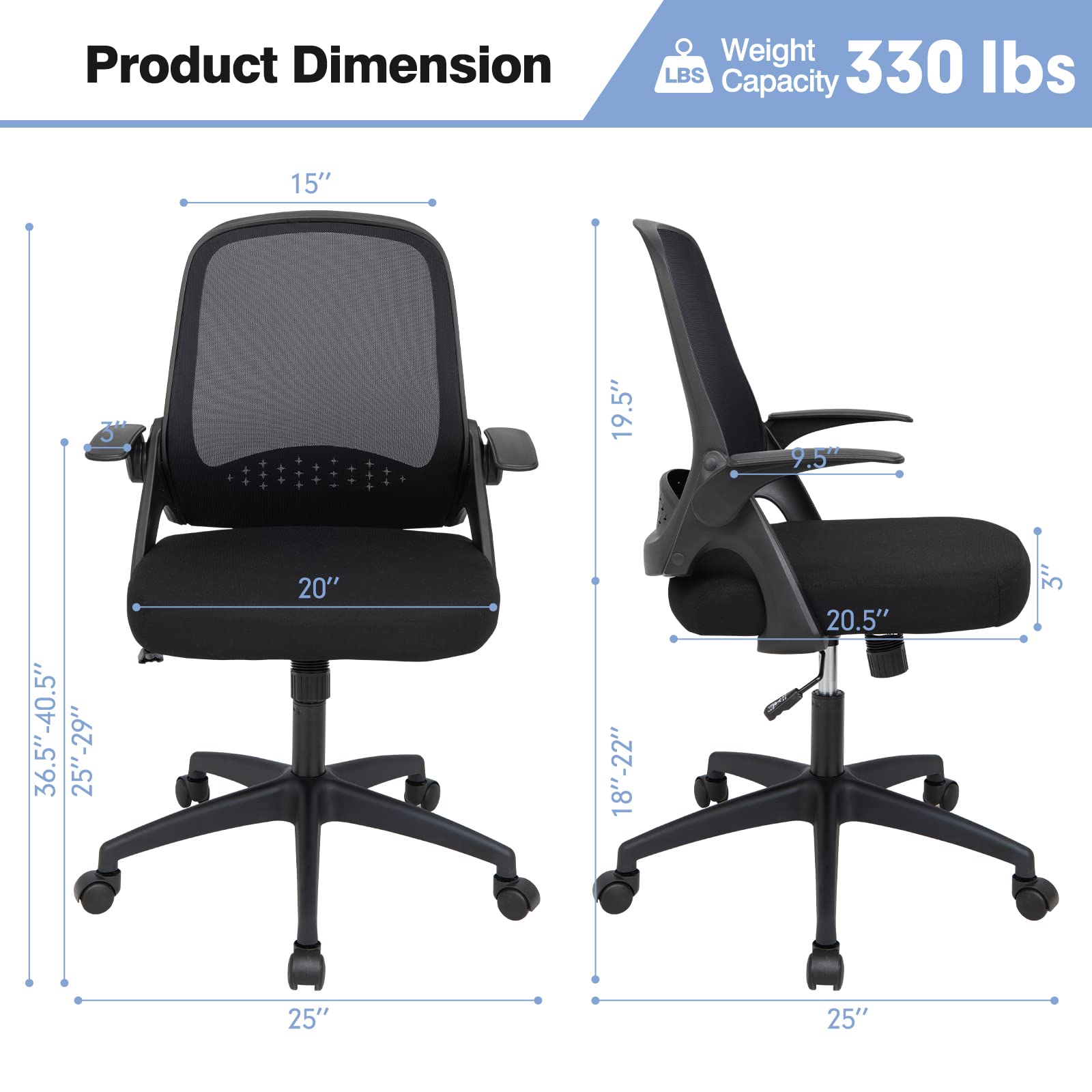 Mid-Back Height Adjustable Swivel Mesh Office Chair with Flip-up Armrests, Lumbar Support