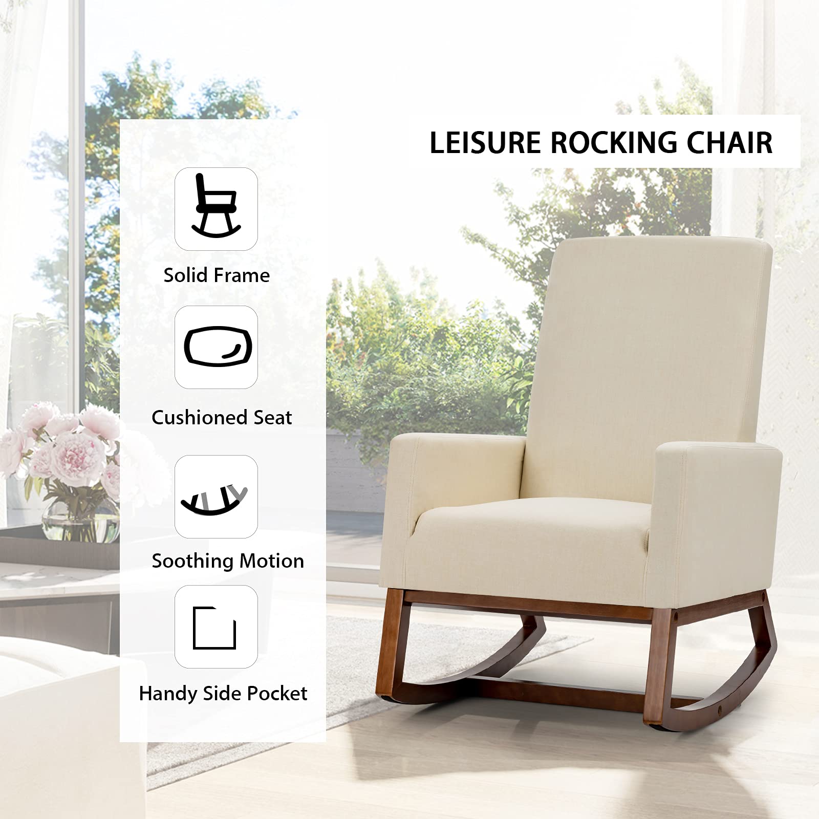 Rocking Chair, High Back Upholstered Lounge Armchair w/Side Pocket